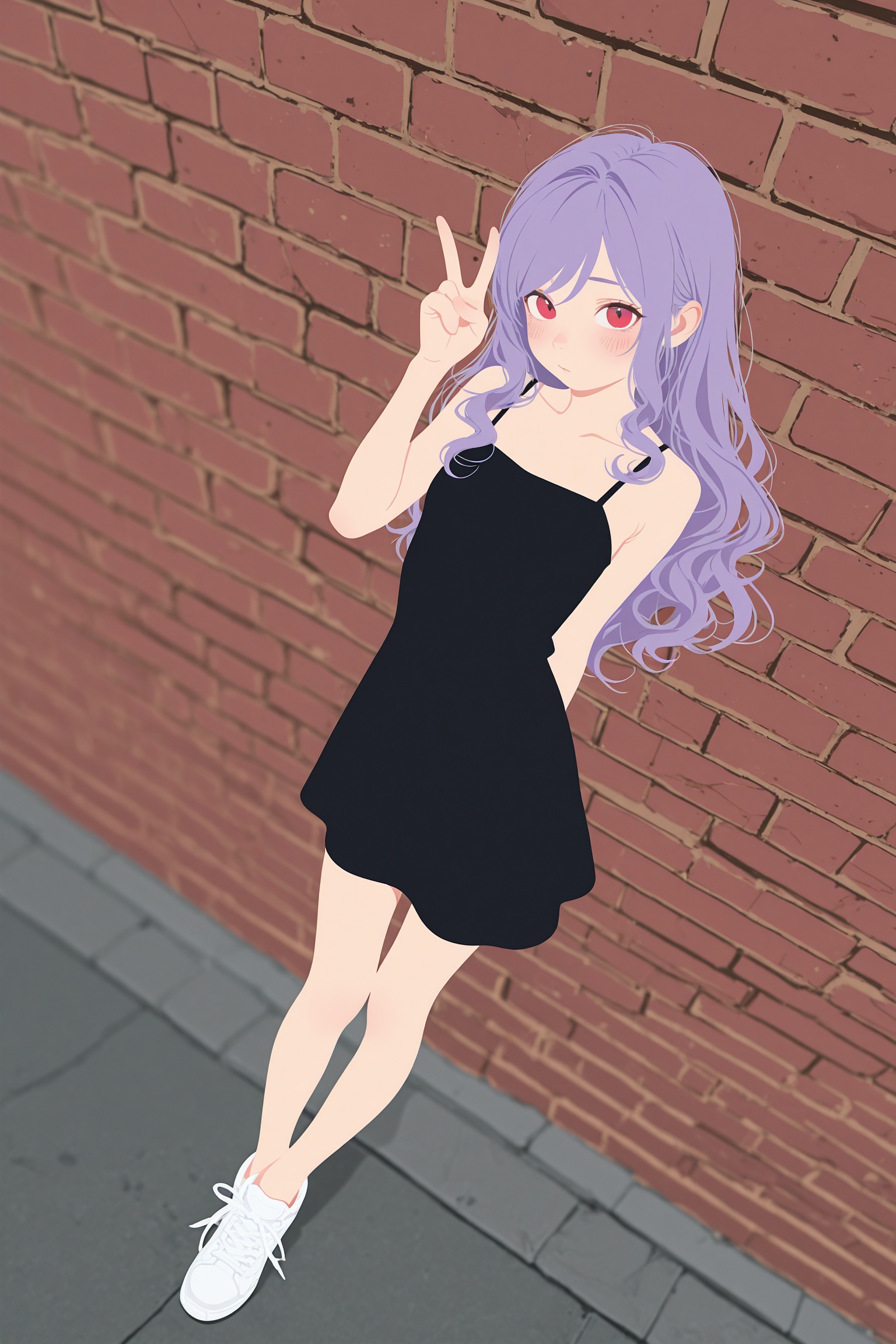 HDR,8K,masterpiece,best quality,amazing quality,very aesthetic,(realism:1),(flat color:2),(haiz_ai:1),(no lineart:1),(no outline:1),(Flat vector:1),(artist:incase:0.5),vivian,v,from above, 1girl,short,slim,petite,thin waist,black dress,white sneakers,blushing,posing,dynamic pose,blurred background,depth effect background,volumetric lighting,cinematic lighting,dynamic shadows,against brick wall,looking at viewer,