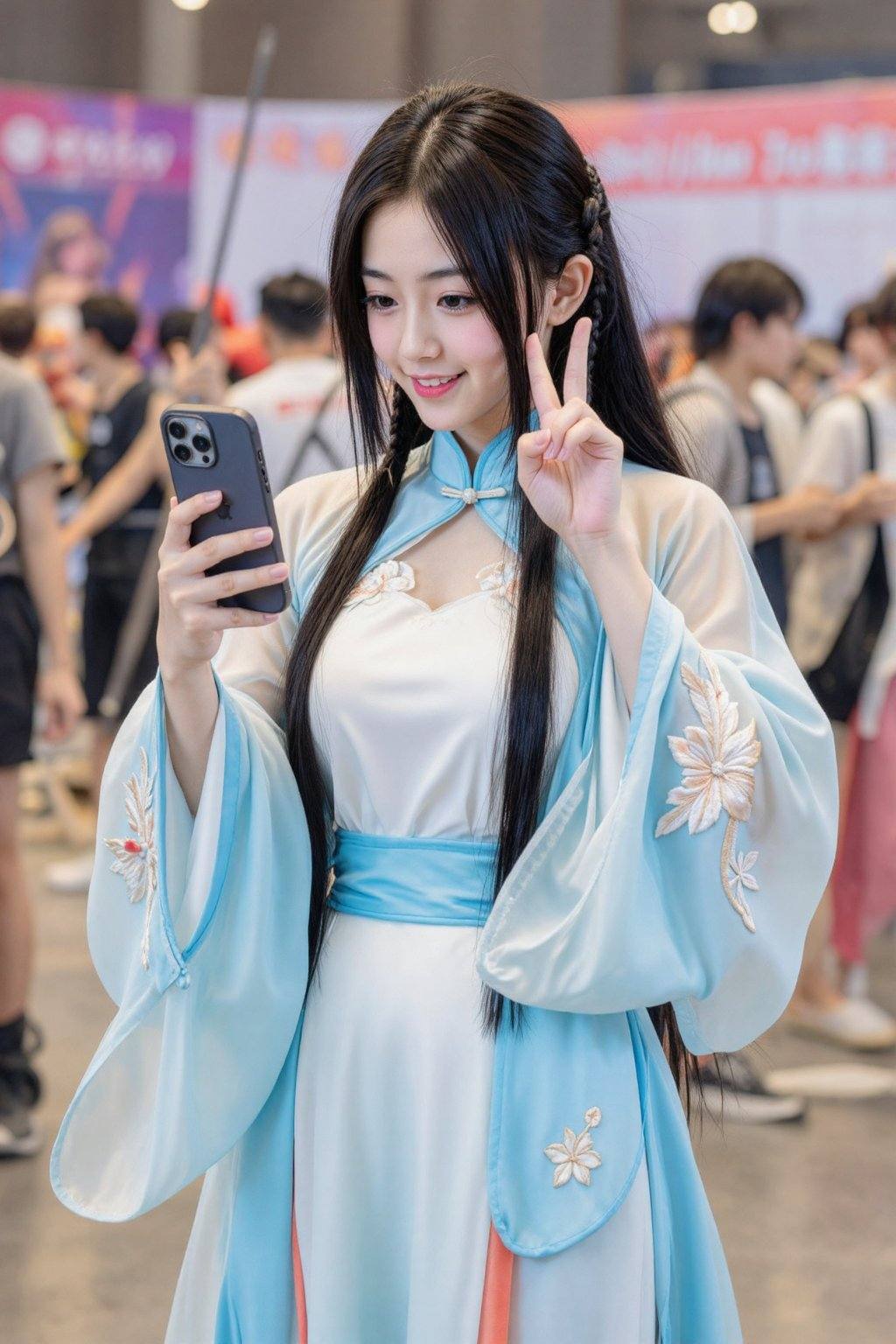 照片中是一位亚裔女性,  她有着乌黑亮丽的长直发,  扎着几条辫子。她身着一件飘逸的浅蓝色和白色相间的传统中式旗袍 on Tensor.Art