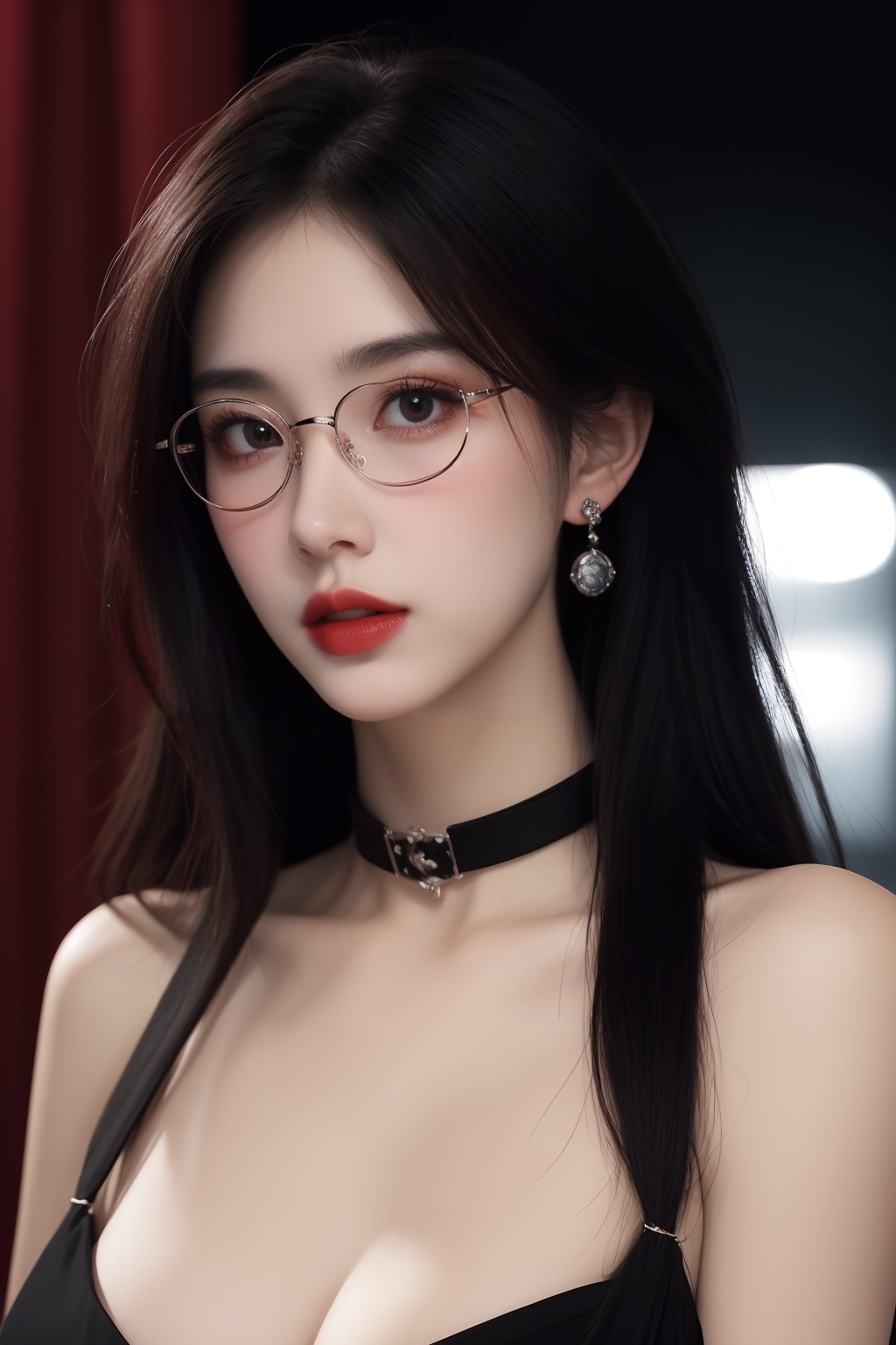 1girl, black choker, black hair, blurry, blurry background, blurry foreground, breasts, choker, cleavage, collarbone, depth of field, earrings, glasses, jewelry, large breasts, lips, long hair, looking at viewer, red lips, solo focus <lora:御姐:1>