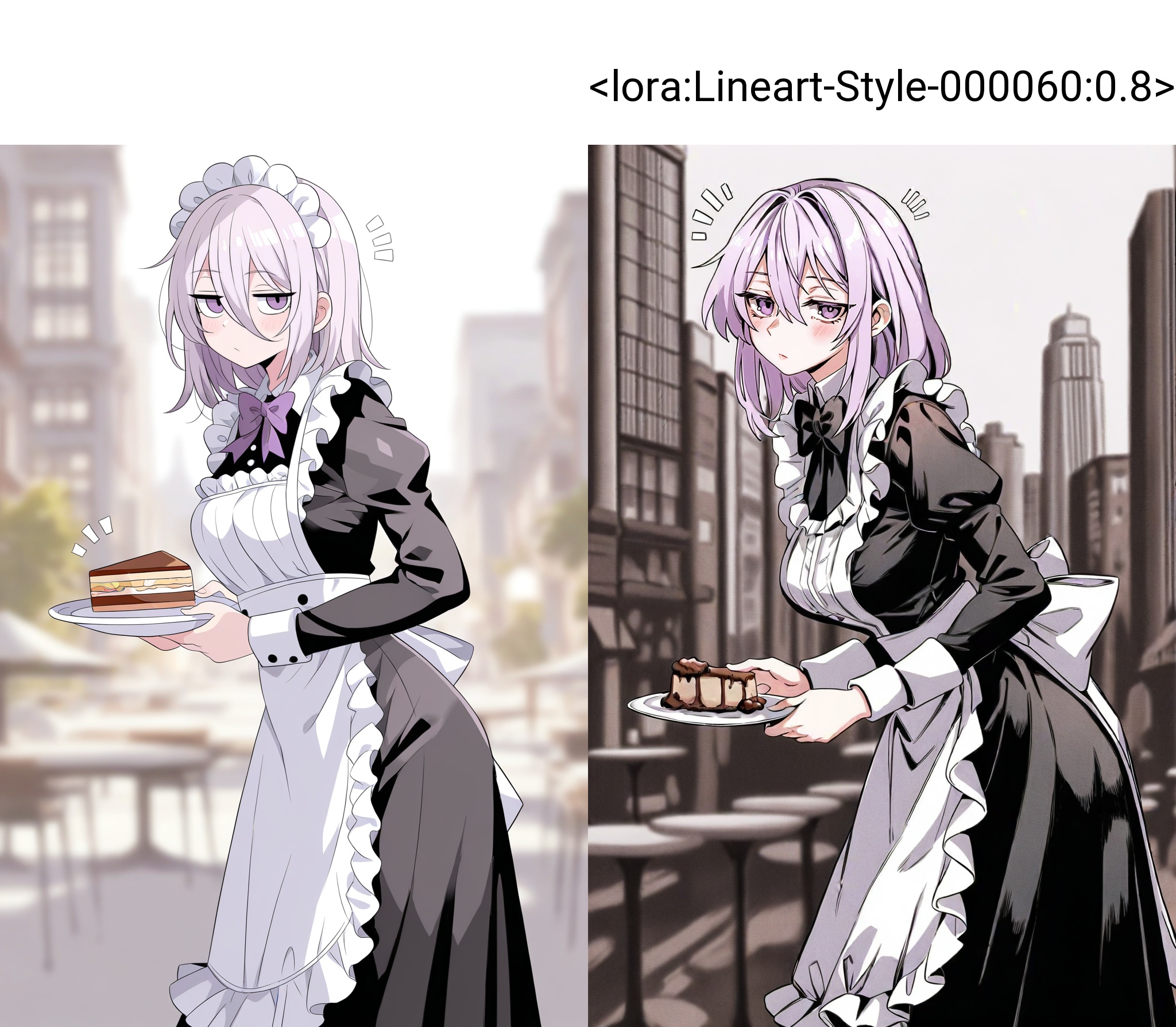highres,absurdres,Visual impact,masterpiece,best quality,very aesthetic,amazing quality,newest,lineart,traditional media,greyscale,\\//,blurry background,cityscape,café,1girl,solo,purple eyes,light purple hair,medium hair,hair between eyes,(long bangs:1.3),medium breasts,maid,long dress,bowtie,frilled dress,upper body,light blush,looking at viewer,jitome,leaning forward,holding plate,tidying,notice line,from side,