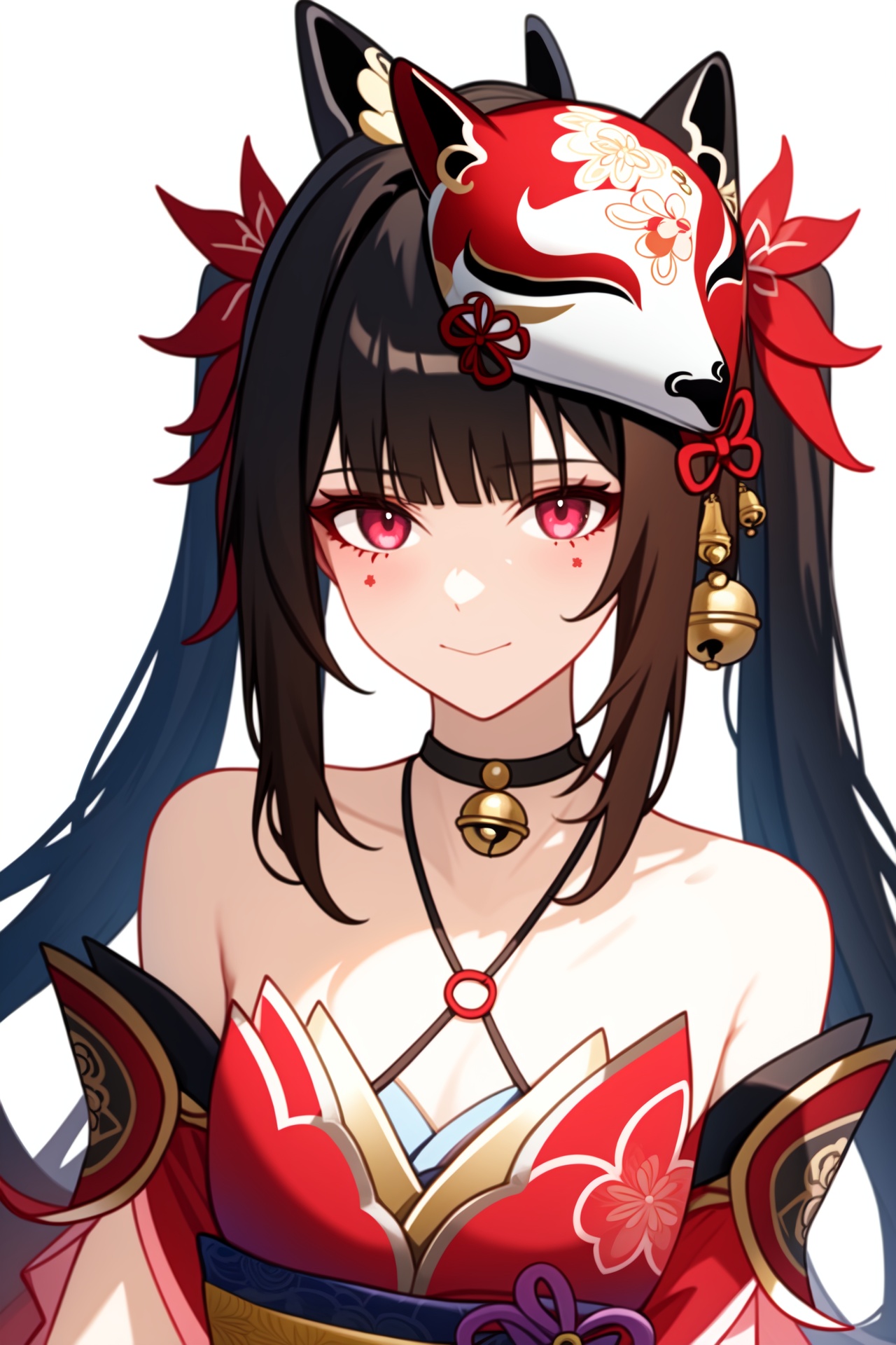 <lora:nai3画风bysdlion-000035:0.8:lbw=paint>,<lora:花火v12:1:lbw=char>,huahuo,1girl,twintails,red kimono,mask on head,black gloves,bare shoulders,detached sleeves,choker,obi,jingle bell,tattoo,, (masterpiece,best quality,high quality:1.4),absurdres,