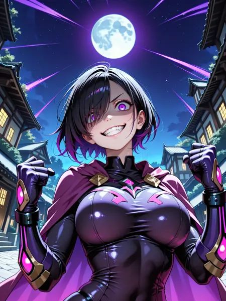 masterpiece, best quality, amazing quality, 4k, very aesthetic, high resolution, ultra-detailed, absurdres, newest, scenery, 1girl, v-shaped eyebrows, (shaded face:1.2), smug, (evil grin:1.2), crazy smile, teeth, wide-eyed, short black hair with sideswept bangs, purple eyes, facing to the side, looking at viewer, empty eyes, crazy eyes, eye trail, hair over one eye, large breasts, detailed purple obsidian (skindentation impossible:1.2) bodysuit, glowing purple cape, armored detailed purple gauntlets, head tilt, arched back, fighting stance, clenched hands, dutch angle, from below, fine fabric emphasis, close-up, portrait, upper body, (motion lines, attack trail:1.3), (fisheye, wide shot:1.2), overgrown stone temple, purple night sky with moon, BREAK, eyes, hands, fingers, detailed eyes, depth of field, volumetric lighting