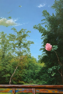 aliekexie,masterpiece,best quality,<lora:阿列克谢·安东诺夫:0.8>,a pink rose sitting on a wooden rail next to a tree line with a blue sky in the background,highly detailed oil painting,a photorealistic painting,photorealism,tree,nature,forest,bush,day,flower,(no_humans:1.2),outdoors,scenery,otherworldly environments,dystopian themes,