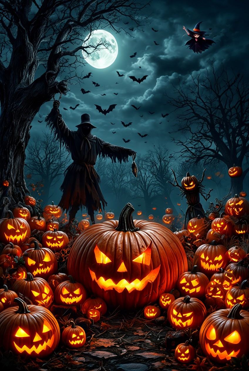 tot_halloween,  a creepy halloween scene with a pumpkin and scarecrow in the background,  surrounded by a pumpkins on Tens...