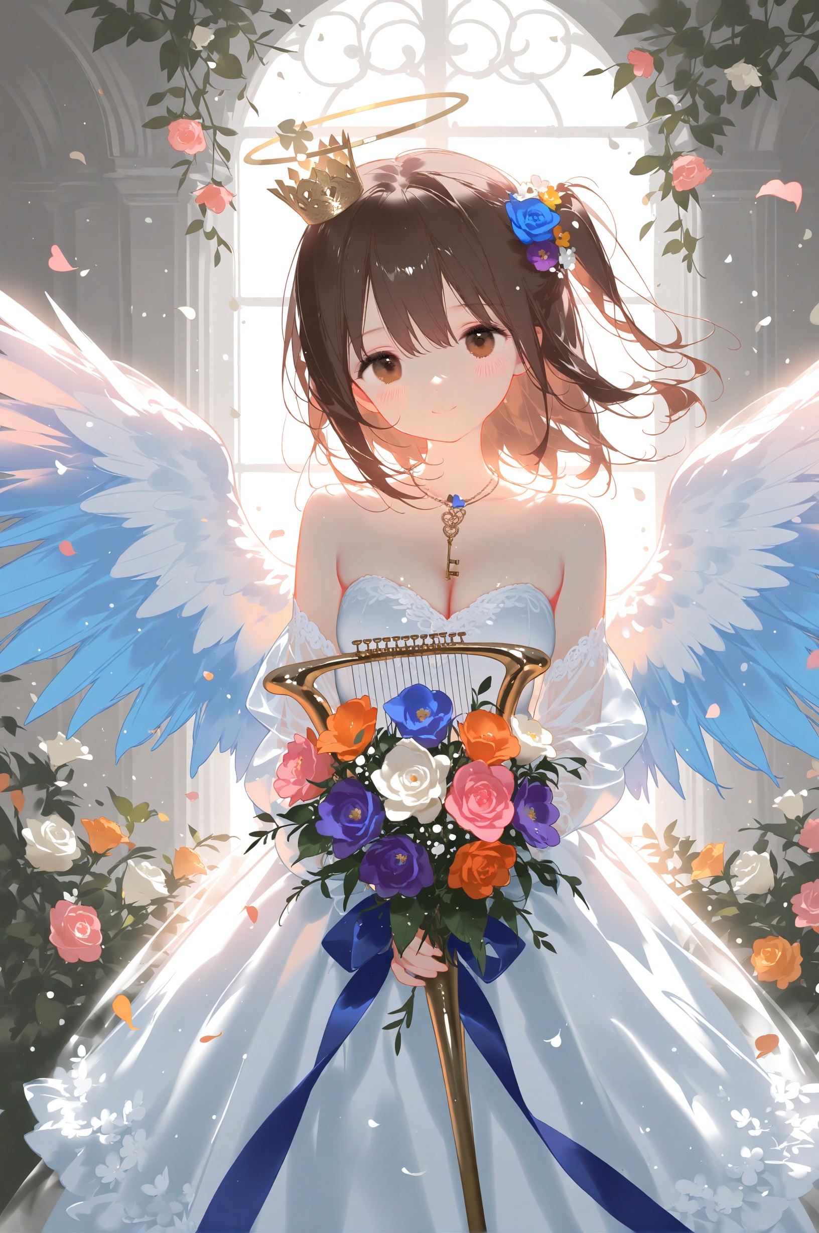 1girl, wings, solo, flower, dress, smile, hair ornament, brown hair, looking at viewer, bouquet, brown eyes, feathered wings, detached sleeves, white dress, angel wings, hair flower, blue flower, petals, blush, white wings, rose, holding, red flower, closed mouth, bare shoulders, long hair, holding bouquet, crown, instrument, angel, long sleeves, blue wings, white flower, pink flower, blue rose, red rose, medium hair, head tilt, harp, breasts, backlighting, purple flower, jewelry, key, sleeveless dress, mini crown, necklace, orange flower, standing, holding instrument, trumpet, cowboy shot, sleeveless, pink rose, white rose, ribbon, white sleeves, rose petals, leaf, hair between eyes, multicolored wings, medium breasts, wedding dress, short hair, one side up, frilled dress, sleeves past wrists, yellow flower, frills, floating hair, halo, strapless dress, scepter, cleavage, holding flower, falling petals<lora:lp24-000053:0.8>,