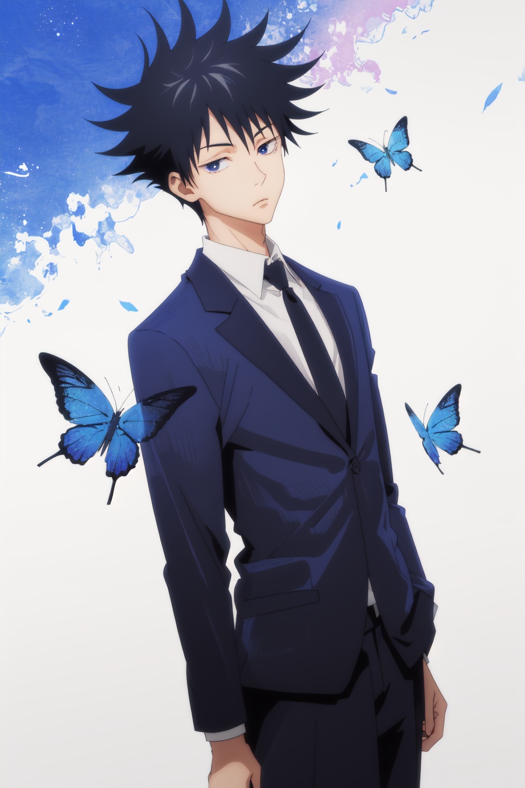 <lora:Fushiguro-000016:0.9>,Fushiguro CYQL,1boy,looking at viewer,solo,male focus,black hair,short hair,spiked hair,black eyes,midnight blue tuxedo, black dress shirt, velvet bow tie, patent leather loafers,cowboy_shot,foreshortening,Late spring into early summer, hillsides burst with a profusion of blooming flowers, a kaleidoscope of colors, bustling with bees and butterflies,beautiful detailed sky,beautiful detailed glow,masterpiece,best quality,beautiful and aesthetic,wallpaper,