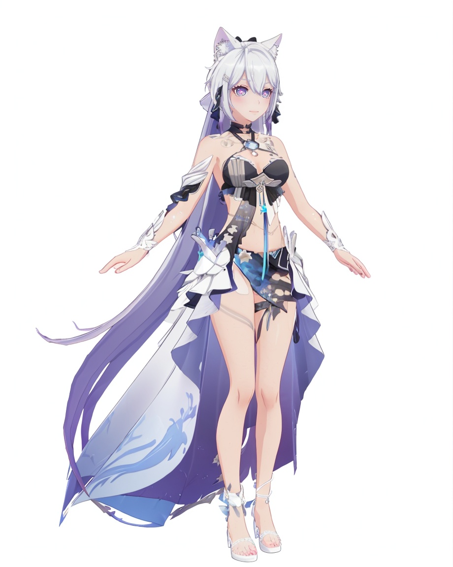 8k,best quality,masterpiece,(ultra-detailed),(high detailed skin),(by nanoless, by misumi \(macaroni\),:0.5),A full-body portrait of a young girl,standing gracefully,pastel art style,high-key lighting,shoujo manga influence,hd quality,delicate details,full body,full shot,standing,looking at viewer,(solo:1.2),simple background,white background,<lora:zhongyannew-sd-Tanger-000018:0.8>,kiana swzy,2nd clothes,clothes: swzy Long-skirted swimwear with black bra,purple cross-shaped pupils,long skirt,1girl,animal ears,long hair,