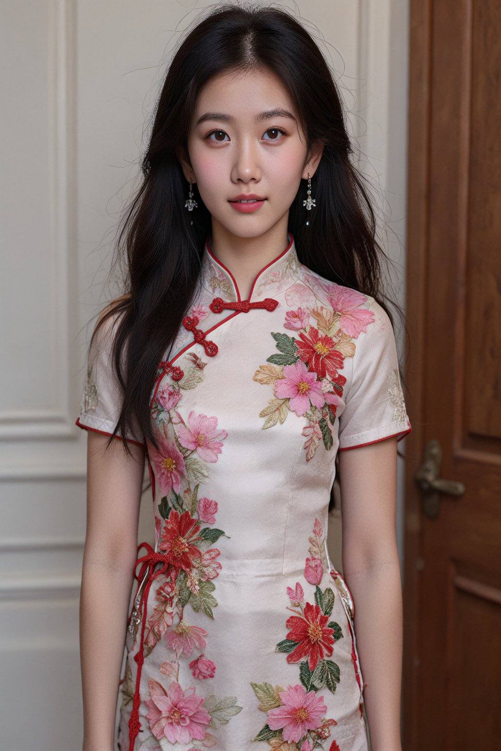 A photograph of an East Asian woman with long,  wavy black hair and fair skin. She wears a traditional Chinese cheongsam d...