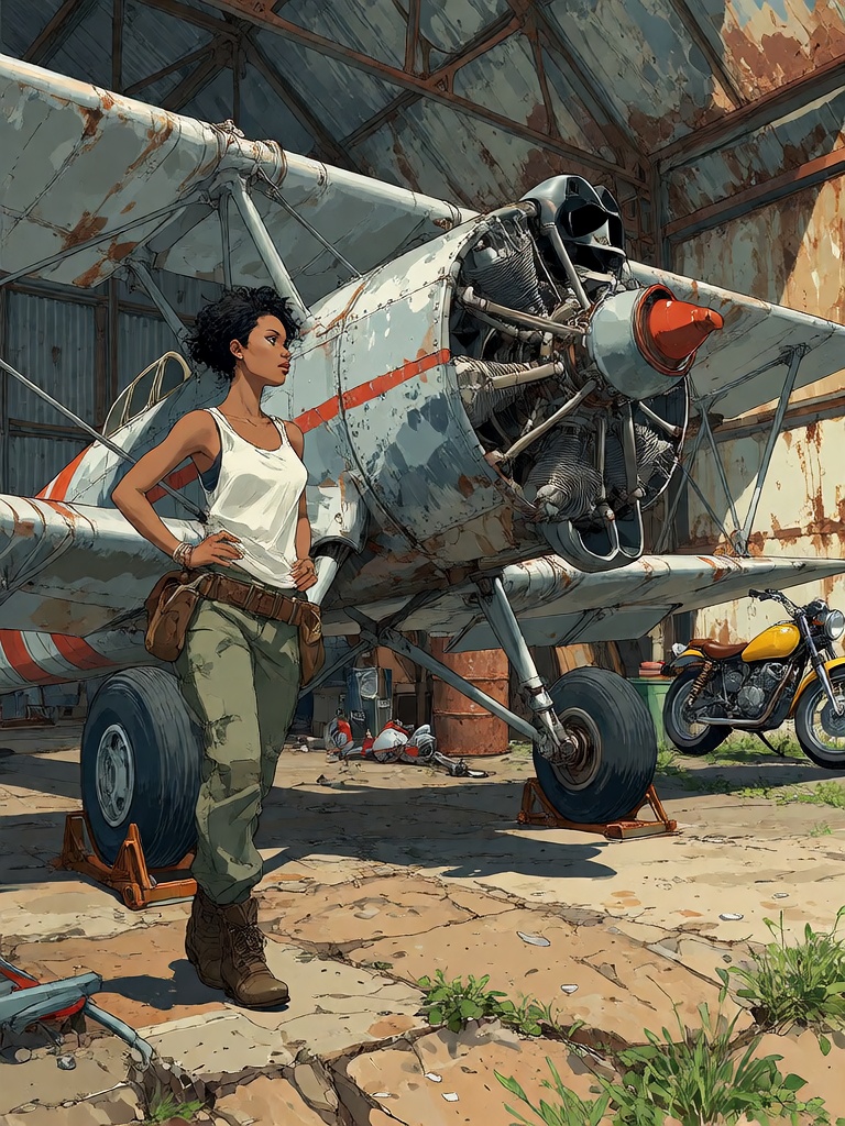 Bradhamel art style. A young Black woman with short dark hair and a white **** top stands in profile beside a large,  weat...