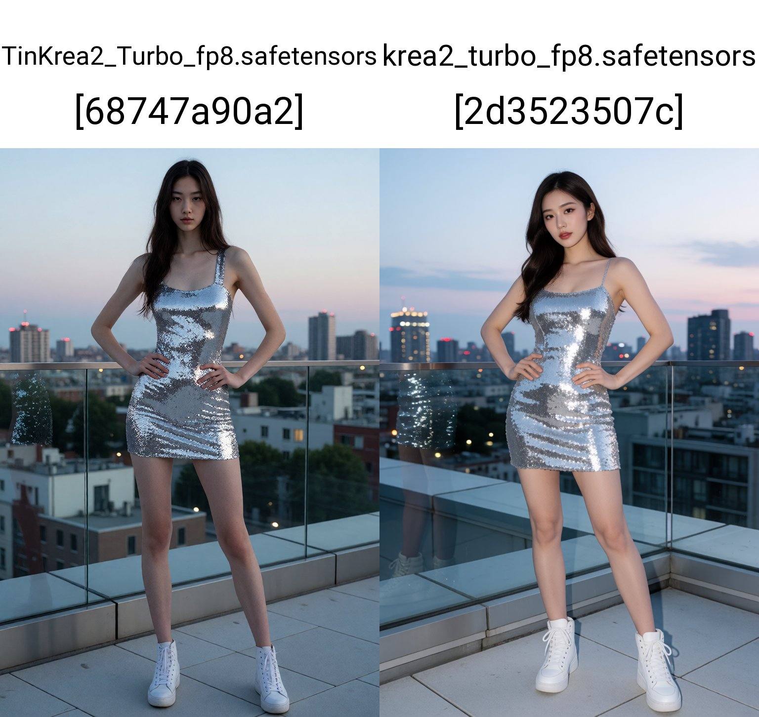 The image is a high-quality photograph taken during twilight,  showcasing a young woman standing on a rooftop with a citys...