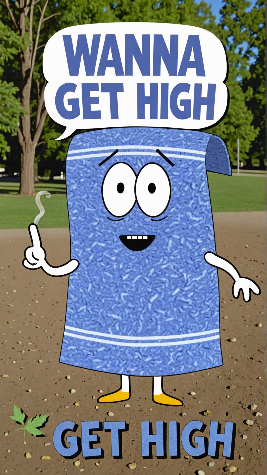 Photo of Towelie smoking weed at the park with a text bubble that says "wanna get high" on Tensor.Art