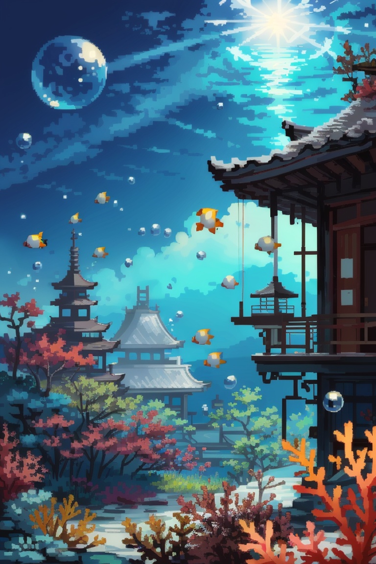 ((HRD, HUD, 8K)),((masterpiece, best quality)), highly detailed,underwater, fish, scenery, air bubble, architecture, bubble, no humans, coral, east asian architecture, building, sunlight
