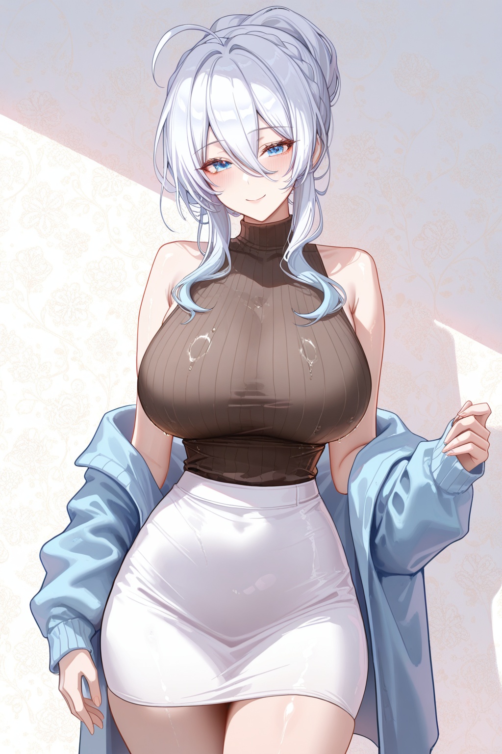 best quality,amazing quality,very aesthetic,absurdres,best quality,amazing quality,very aesthetic,absurdres,{{{{shiny skin}}}},{{{{oiled}}}},detail eyes,wallpaper,artist:aibek,artist:gwan-e,artist:kein_v,artist:liaowen,artist:sea_nami,artist:tansuan_(ensj3875),artist:ask_(askzy),artist:ciloranko,year 2023 BREAKcurvy,(narrow waist:1.1),<lora:Mifuyu Yukino:0.8>, -Mifuyu Yukino, 1girl, solo, breasts, sweater, large breasts, looking at viewer, smile, braid, jacket, blue eyes, hair bun, sleeveless, hair between eyes, blue jacket, off shoulder, blush, white hair, mature female, ahoge, long hair, single hair bun, skirt, bare shoulders, bangs