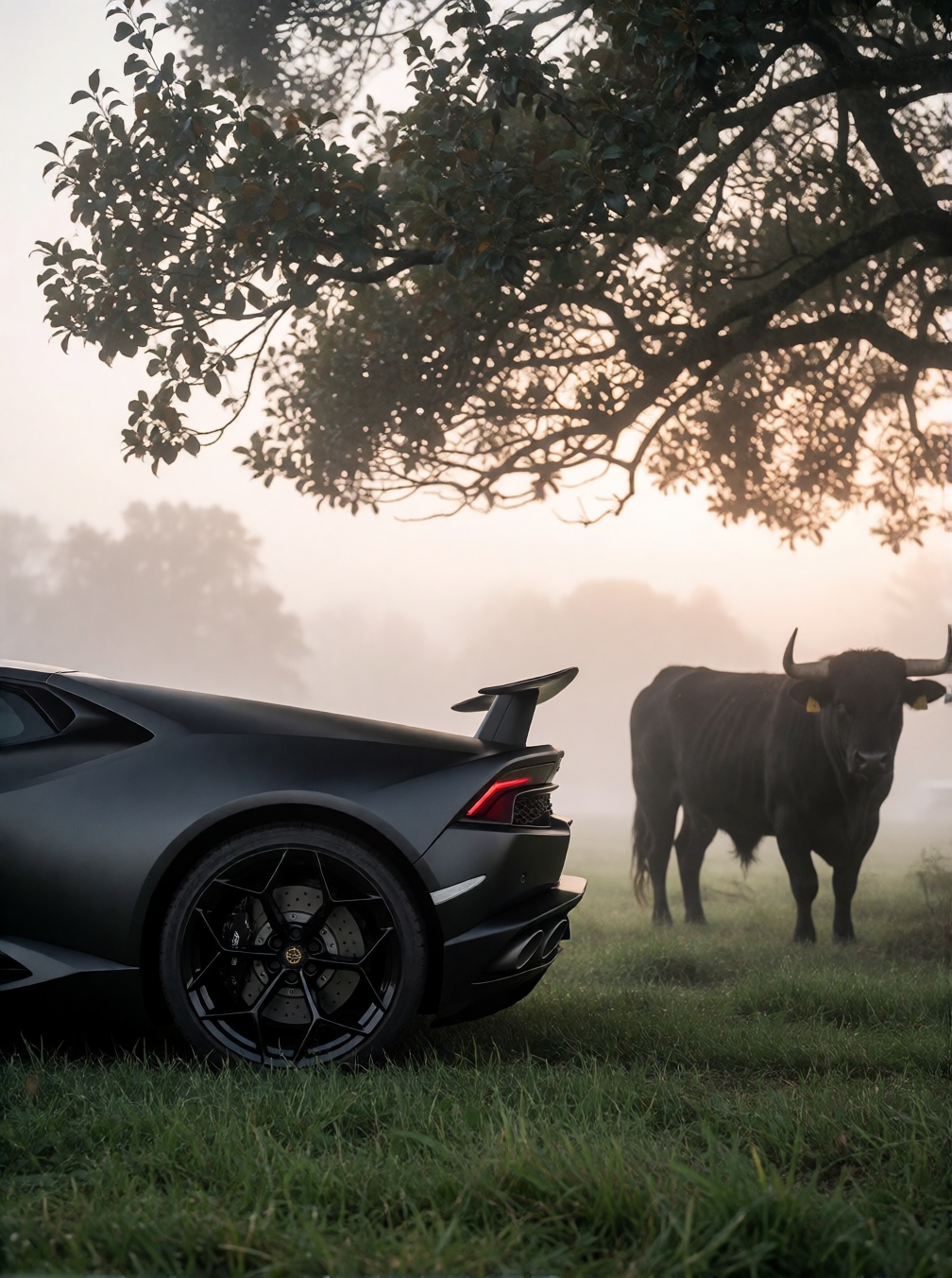 A cinematic photograph of a matte black Lamborghini Huracán with a rear spoiler parked on misty grass beside a large black...