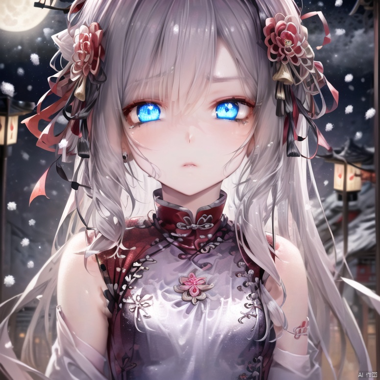 白亦墨(Chinesebuilding, night, aqua blue eyes, growing eyes,(Red lantern,Chinese style,loli, kawaii,Chinese style weddings dress), moon, kawaii, kawaii), red eyeshadow, kawaii, loli, silver hair, nude, face close-up, serious, Chinese style building, expressionless, glowing eyes, red eyeshadow, ribbon_choker, blush, sad, loli, bangs, silver hair, hair ornament, sad,pale skin,(kawaii),(extremely detailed CG unity 8k wallpaper,Chinese style architecture, red lanterns,upper body),(((extremely detailed face and eyes,extremely beautiful and delicate face and eyes,wallpaper, extremely detailed face and eyes,fluttered detailed surroundings,extremely detailed CG unity 8k wallpaper,amazing,highly detailed,upper body,)), (best illustration),(best shadow), ((an extremely delicate and beautiful,upper body,silver hair)),Chinese style building, expressionless, glowing eyes,face close-up, red eyeshadow, ribbon_choker,(hair flowers, snowing, Great_Wall)dress, tassel(extremely detailed CG unity 8k wallpaper), (best illustration,delicate face,kawaii),hair flower(face close-up, kawaii)(best shadow),small breasts((an extremely delicate and beautiful,delicate face,kawaii))<lora:EMS-302518-EMS:0.800000>, <lora:EMS-361834-EMS:0.500000>, <lora:EMS-309992-EMS:0.100000>