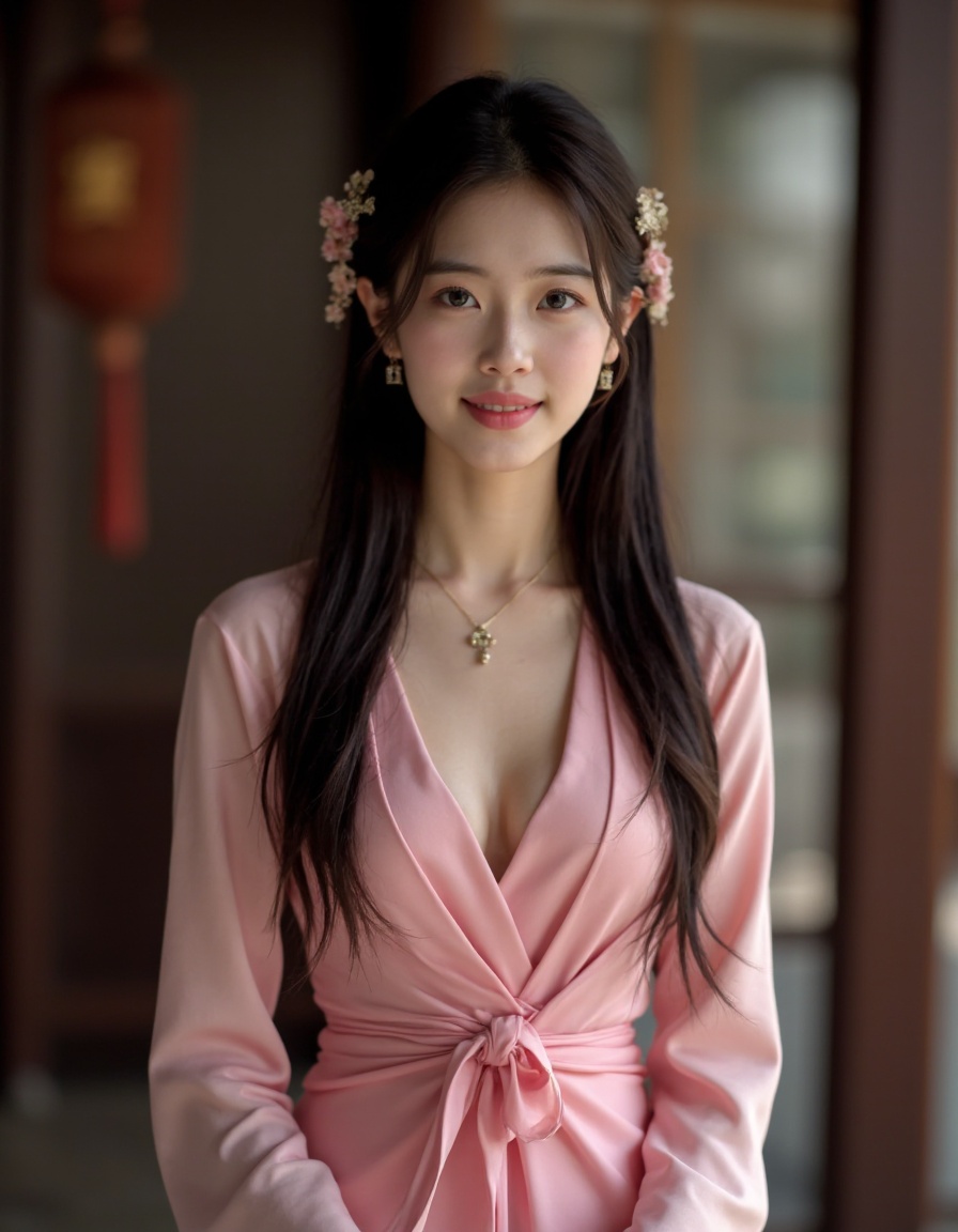 HDR photo of cinematic film still teenage, 1girl, solo, dress, long hair, hair ornament, chinese clothes, jewelry, earrings, realistic, pink dress, looking at viewer, sash, waist up, chinese dress, brown hair, parted lips, black hair, cleavage, long sleeves, . shallow depth of field, vignette, highly detailed, high budget, bokeh, cinemascope, moody, epic, gorgeous, film grain, grainy . High dynamic range, vivid, rich details, clear shadows and highlights, realistic, intense, enhanced contrast, highly detailed