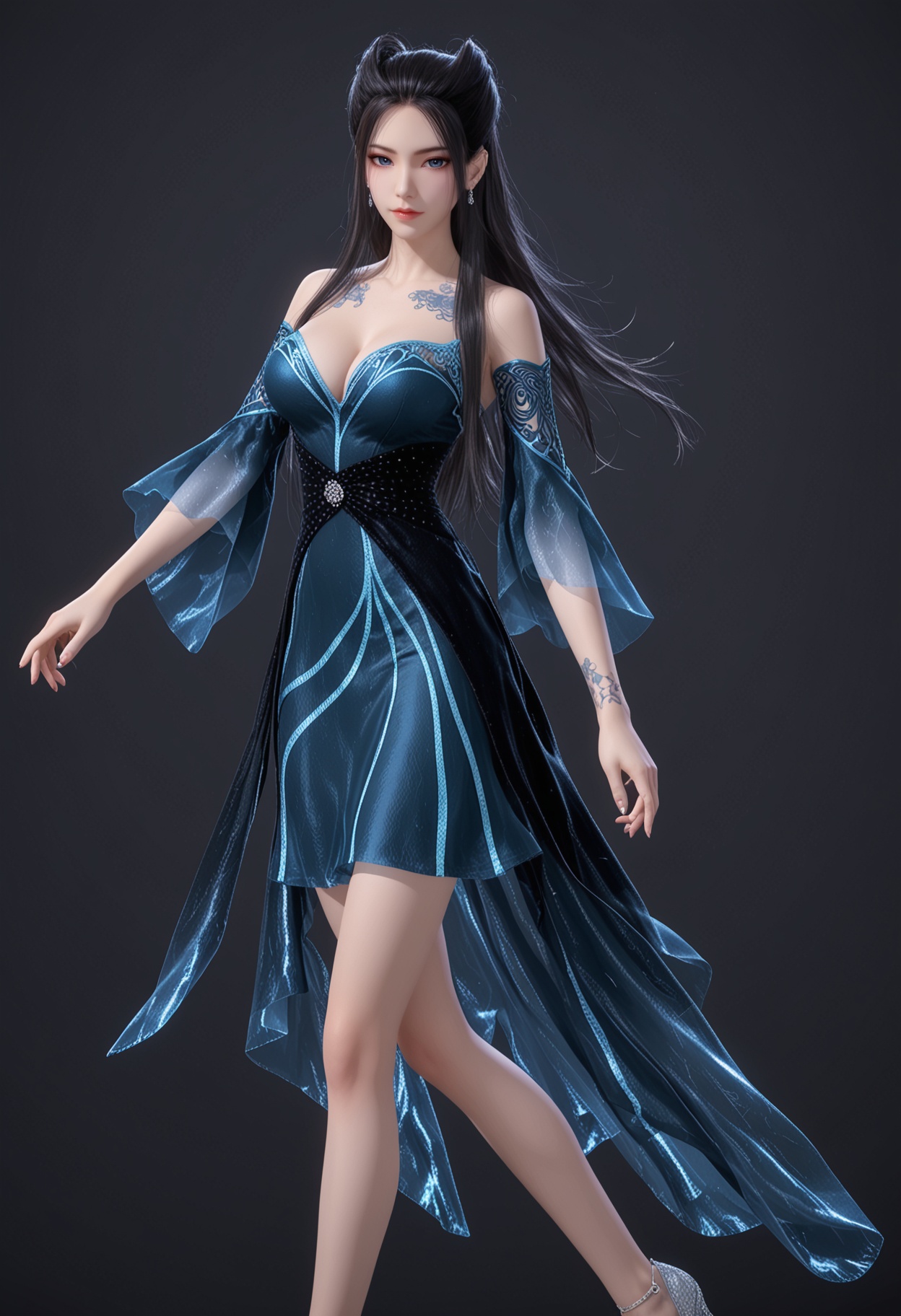 score_9,looking_at_viewer,upper body,(huge breasts:0.5),1girl,solo,black_hair,long_hair,dress,bare_shoulders,breasts,blue_eyes,realistic,cleavage,hair_bun,detached_sleeves,jewelry,blue_dress,stud earrings,high_heels,black_dress,piercing,tattoo,ear_piercing,shoes,footwear,(simple background,pure black background,black background:1.1),perfect_anatomy,<lora:QQSponyyanlingjilanyiV1:0.8>,