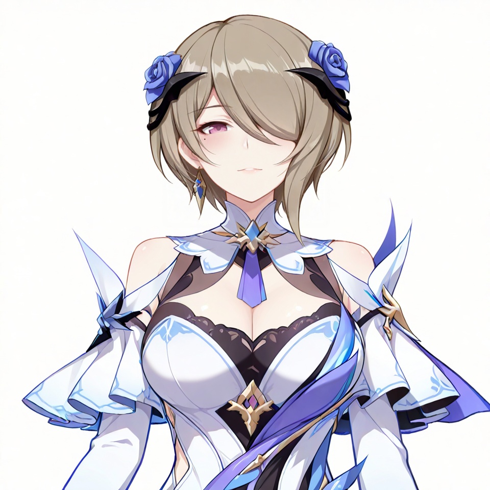 masterpiece, best quality,(white background:1.2),looking at viewer,SOLO,simple background  game_cg_style,rita rossweisse,covering one eye,purple eyes,mole under eye,hair over one eye,breasts,brown hair,mole,<lora:丽塔-ILL:0.8>