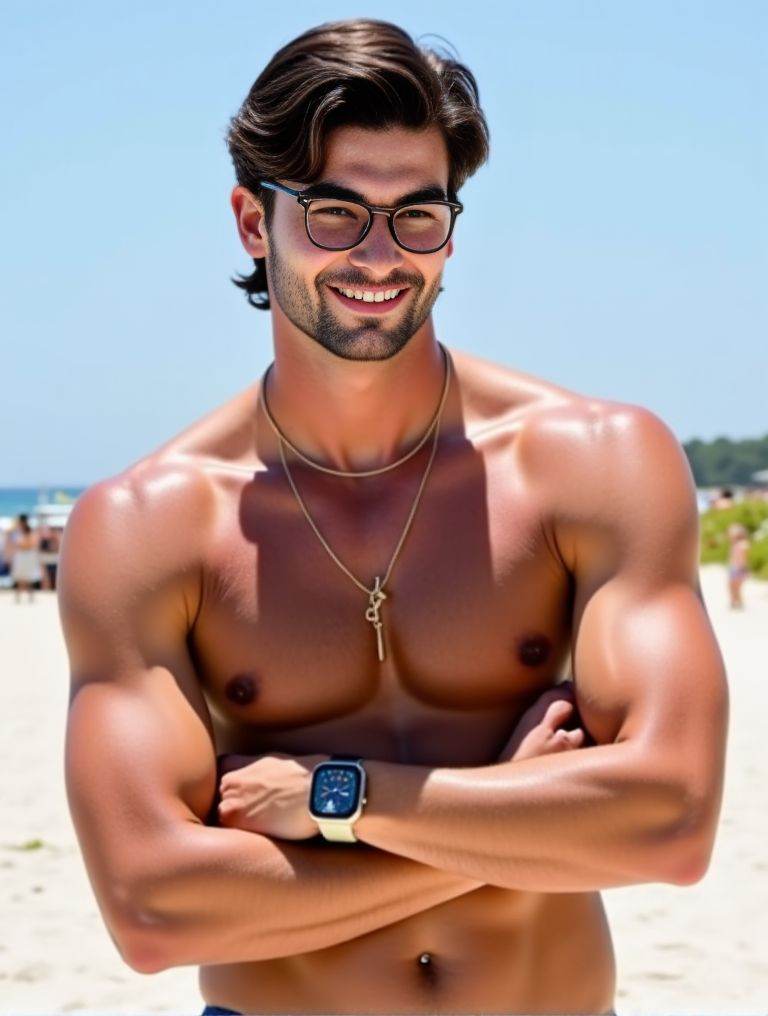 Ferran Torres ,  looking handsome by the beach. homoerotic. wearing only speedos. wearing specs with circular frame. smili...
