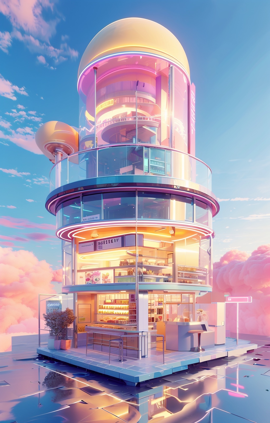xianxiakv,no humans,scenery,sky,cloud,shop,reflection,outdoors,A futuristic food pop-up shop,soft pastel colors,<lora:xianxiakv:1>,