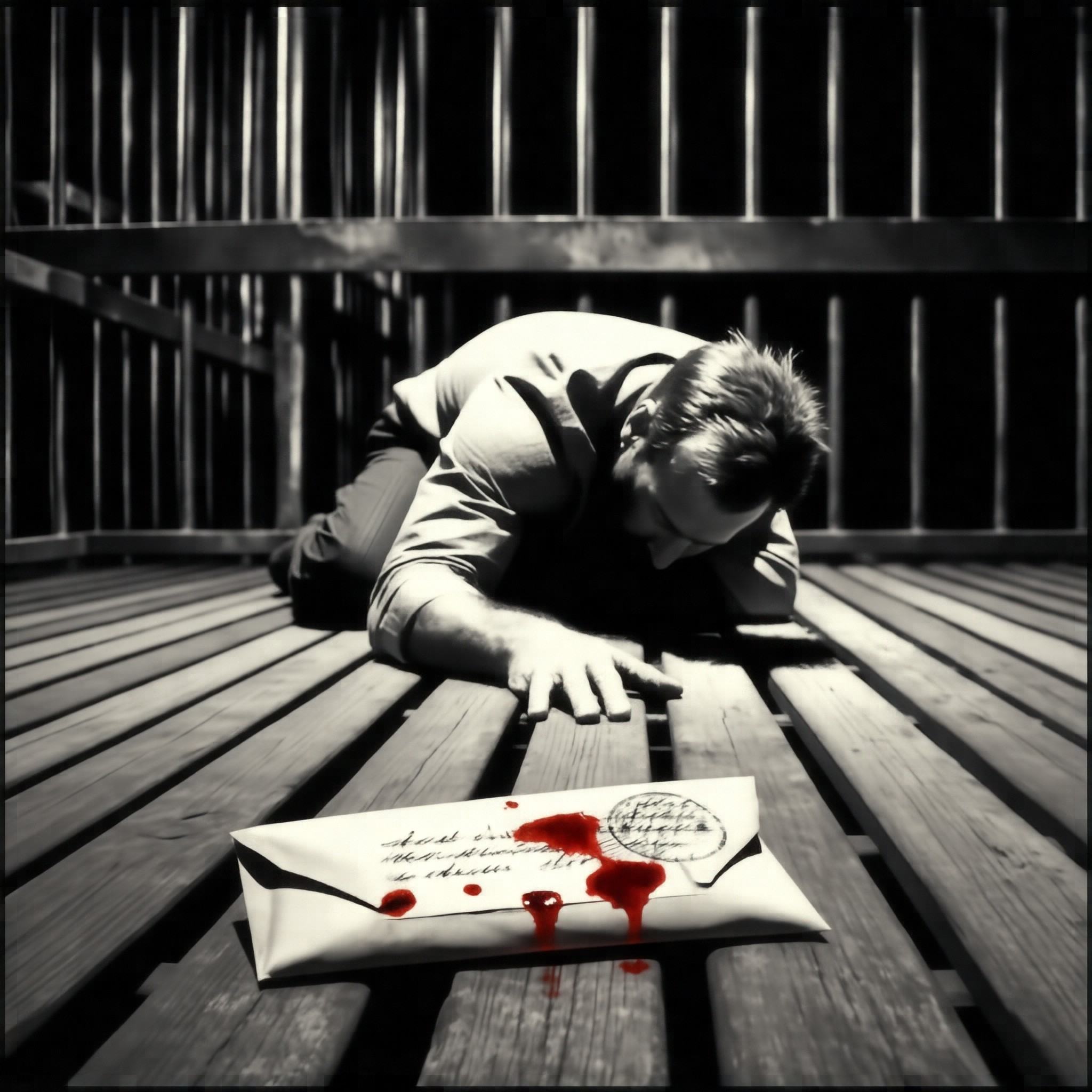 a Sin City style movie still of a man hunched over on a floor made of thick wooden slats. He is on his knees and forearms...