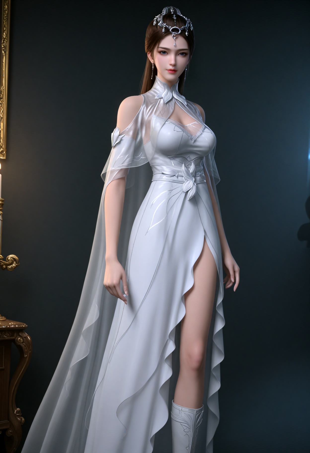 upper_body,(gigantic breasts:0.6),(slender:1.3),(looking_at_viewer:1.1),(masterpiece:1.1),(best quality:1.2),(intricate details),(smog:1.3),(Dark room:1.3),(dim lighting:1.3),<lora:YQ_Illustrious光辉v5_顾小桑_V1:0.8>,(q1528437228:1.3),1girl,solo,dress,long_hair,white_dress,hair_ornament,jewelry,earrings,black_hair,clothing_cutout,brown_hair,blue_eyes,tiara,ponytail,shoulder_cutout,bare_shoulders,hair_bun,boots,see-through,cape,facial_mark,masterpiece,(best quality),(intricate details:0.9) BREAK (intricate details:0.9),(realistic skin:1.2),masterpiece,best quality,newest,absurdres,hiahres,