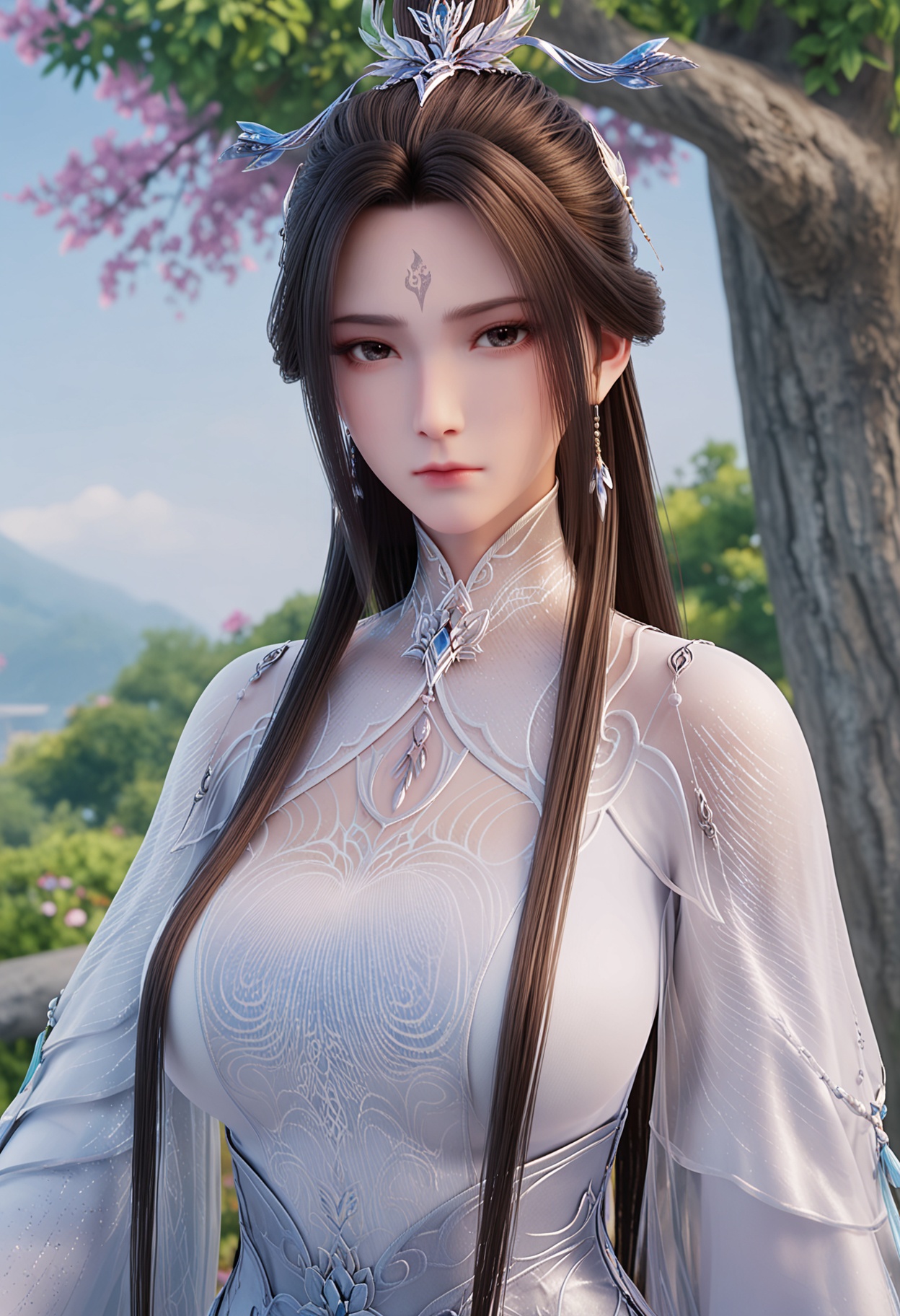 score_9,1girl,solo,forehead mark,large_breasts,black eyes,earrings,dress,white dress,hair bun,hair ornament,long hair,brown hair,chinese clothes,long sleeves,closed mouth,looking_at_viewer,upper body,<lora:QQSponyluxueqiV2:0.8>,<lora:Pony_DetailV2.0:0.8>,<lora:皮肤凹痕:0.1>,