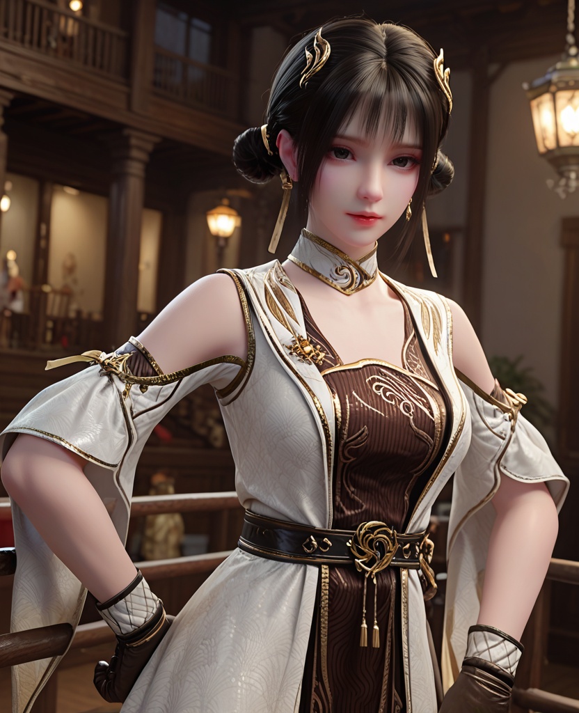 (oriental architecture, elegant decor, sophisticated style:1.1),(boxing:1.1),looking at viewer,(breasts:1.2),<lora:XL斗破苍穹丹晨:0.9>,miss danchen,brown underdress,white robe,detached collar,belt,shoulder cutout,black eyes,black hair,bangs,sidelocks,hair ornament,double bun,boots,, score_9,score_8_up,score_7_up,score_6_up,score_5_up,score_4_up,3d rendering,tag1,tag2, Cinematic Lighting,backlighting,, zPDXL3, zPDXL2,zPDXL, zPDXLxxx, zPDXLrl,