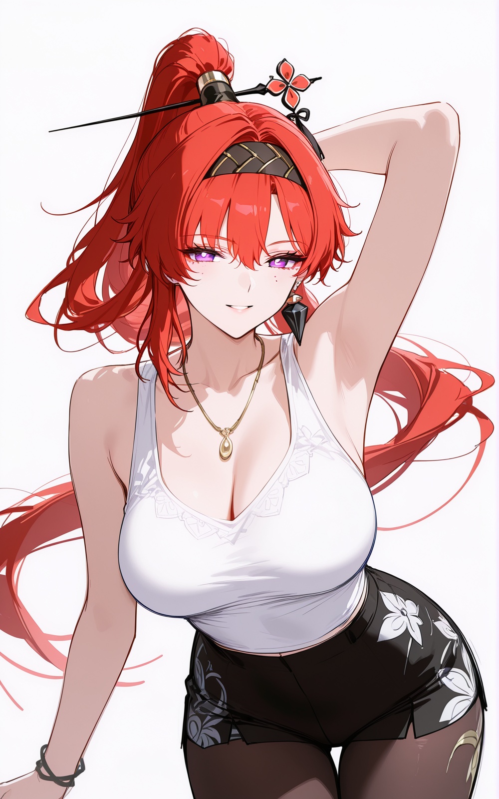 <lora:XL_ill_yinlin(wuthering waves)_v1-000010:0.5>,yinlin\(wuthering waves\),1girl,breasts,red hair,solo,cleavage,long hair,large breasts,purple eyes,jewelry,looking at viewer,very long hair,earrings,pantyhose,arm up,sleeveless,hairband,bare shoulders,black hairband,smile,ponytail,necklace,armpits,collarbone,hair ornament,cowboy shot,high ponytail,<lora:illustrious_Simple Flat Coloring_v2:1.25>,Simple Flat Coloring,sketch,line,simple background,white background,Red and white paisley print skort with white **** top and matching red visor. 