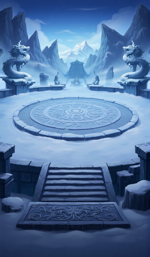 SBCJ3,A mysterious scene filled with an icy atmosphere. At the center of the image is a circular stone platform engraved with intricate patterns,possibly containing some mysterious power or symbolic significance. The environment around the platform is covered in ice and snow,creating a cold yet pure ambiance.,On either side of the platform stand massive dragon sculptures that appear lifelike,as if guarding this enigmatic area. In the background,towering snow-capped mountains can be seen,shrouded in mist,adding to the sense of mystery and depth of the scene.,In the foreground,a stone staircase leads up to the platform. The design of the staircase is rustic and solemn,and at the bottom of the staircase lies a beautifully decorated stone slab,further highlighting the importance and sanctity of this place. The overall color tone of the image is primarily blue and white.,