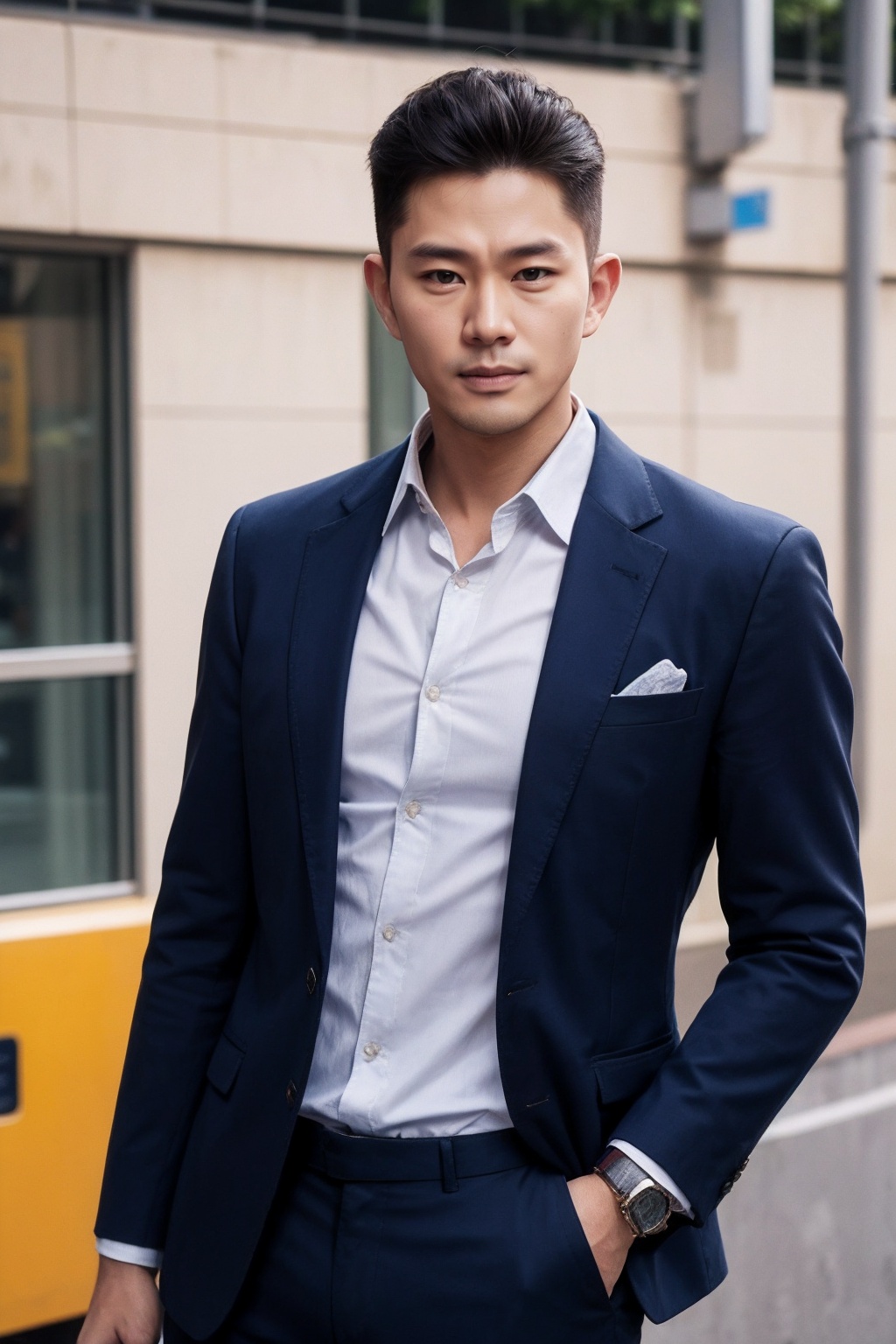 (1man:1.4),(male:1.2),(upper body:1.2),(Collared shirt and blazer and suit trousers:1.4),<lora:AsianMan_4:0.8>,