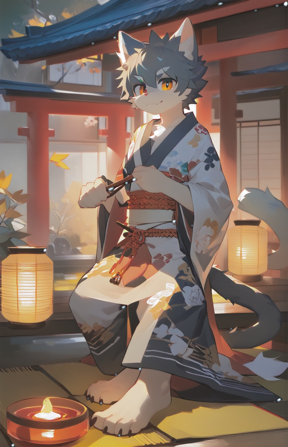 1boy,furry,male,bare foot,cat boy,kimono,
