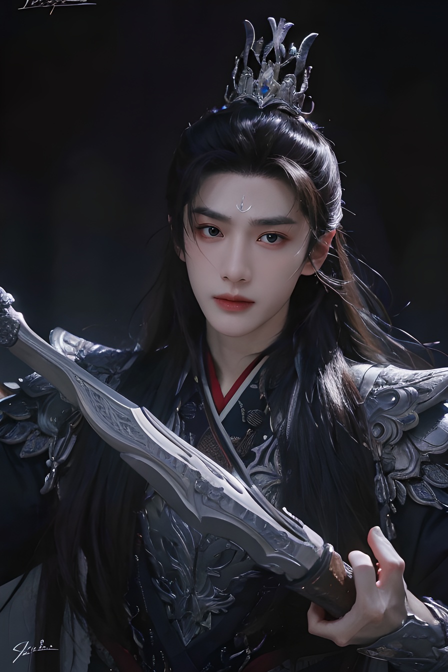 solo, 1boy, male focus, black hair, armor, long hair, realistic, crown, looking at viewer, signature, lips, weapon, closed mouth, upper body, <lora:古风男2.0:0.8>