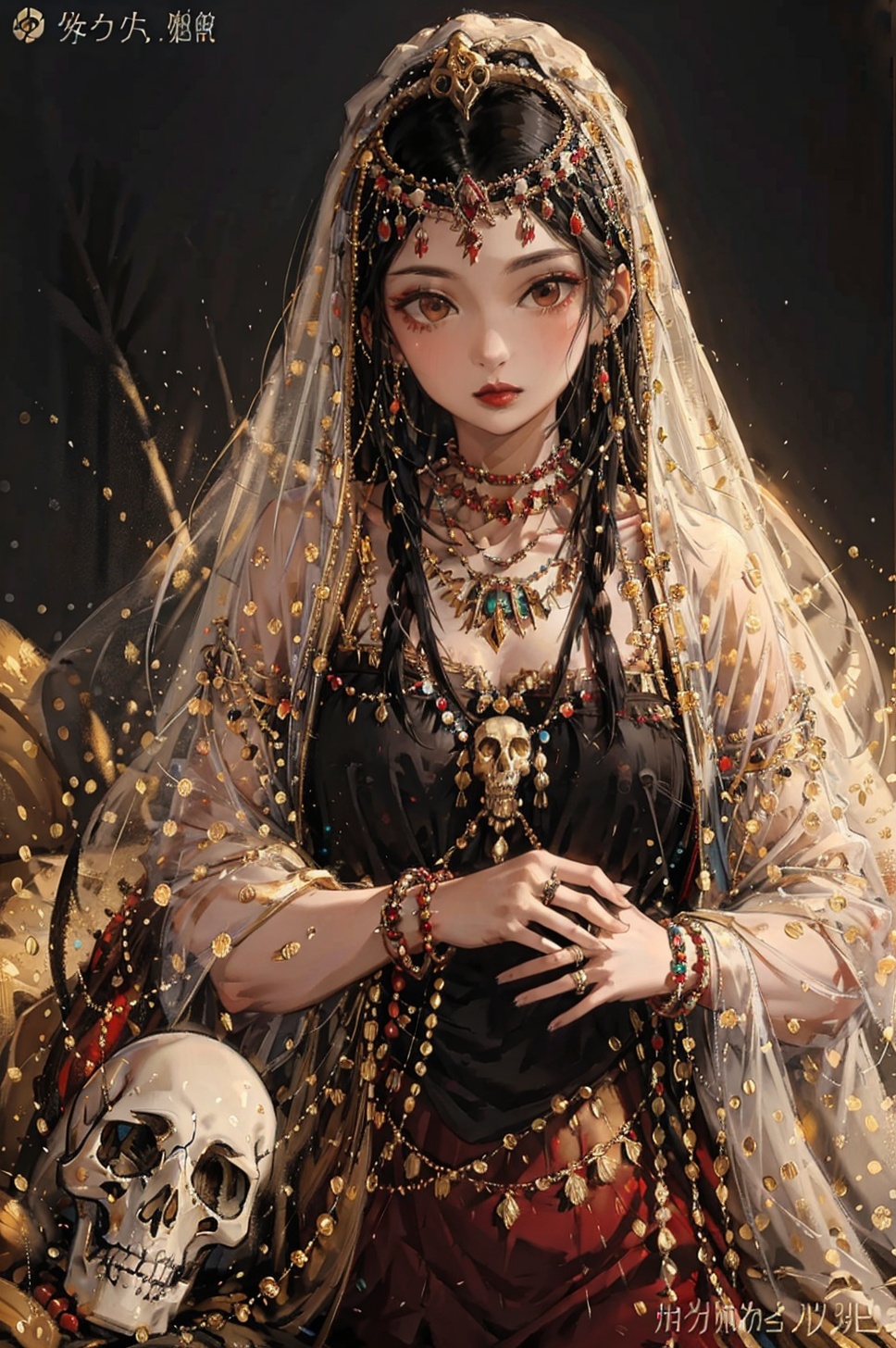 masterpiece,best quality,<lora:BLGZ_2-000010:0.5>,1girl,jewelry,necklace,solo,ring,black hair,veil,holding,beads,long hair,bracelet,traditional clothes,looking at viewer,watermark,red lips,brown eyes,gold,gem,skull,lips,web address,