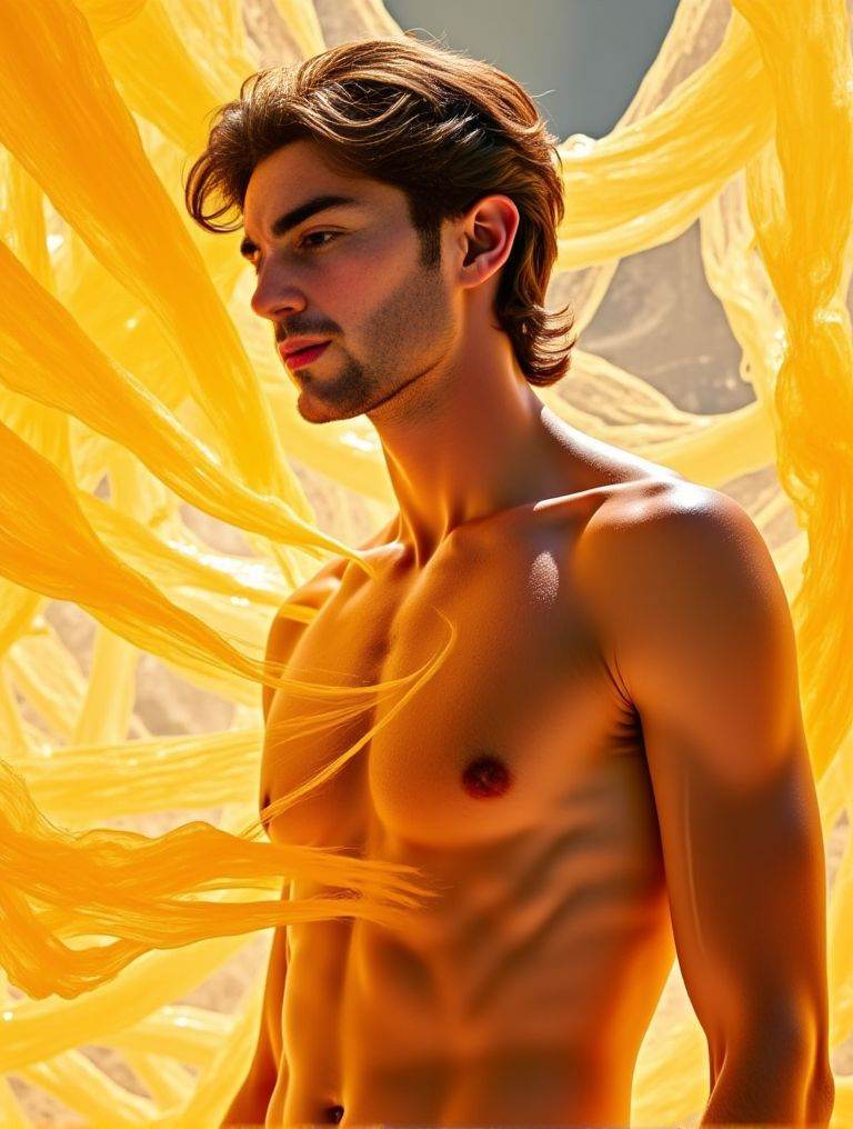 Ferran Torres ,  shirtless . 3d rendering for a realistic. dimensional representation. a focused light with a colored filt...