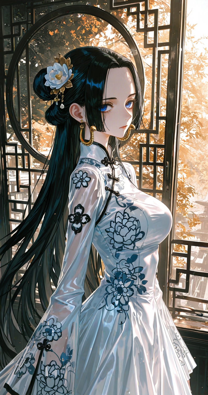 boa hancock one piece,boa hancock \(one piece\),black hair,long hair,blue eyes,fair_skin,jewelry,earrings,1girl,solo,hair ornament,dress,long hair,white dress,black hair,jewelry,earrings,see-through,chinese clothes,looking at viewer,long sleeves,flower,blue eyes,breasts,hair bun,94,close-up details,outstanding style,adding a touch of dimension to your images without compromising details,whirls of vapor,iridescent textures,(Anime:1.1),ethereal ambiance,delicate details,magical high-concept,32K UHD,sharp focus,best-quality,masterpiece,golden hour,unconventional supreme masterpiece,masterful details,temperate atmosphere,with a high-end texture,in the style of fashion photography,photography,cover,dynamic angle,dynamic posture,(artist:quasarcake:0.8),extreme aesthetic,(wlop:0.6),(honjou raita, lack, rella:0.5, wanke),masterpiece,best quality,good quality,very aesthetic,absurdres,visual impact,a shot with tension,ultra-high resolution,32K UHD,sharp focus,best-quality,masterpiece,emotionalization,unconventional supreme masterpiece,masterful details,temperate atmosphere,with a high-end texture,in the style of fashion photography,(visual impact:1.2),giving the poster a dynamic and visually striking appearance,impactful picture,official art,colorful,splash of color,movie perspective,masterpiece,best quality,amazing quality,very aesthetic,absurdres,best quality,newest,