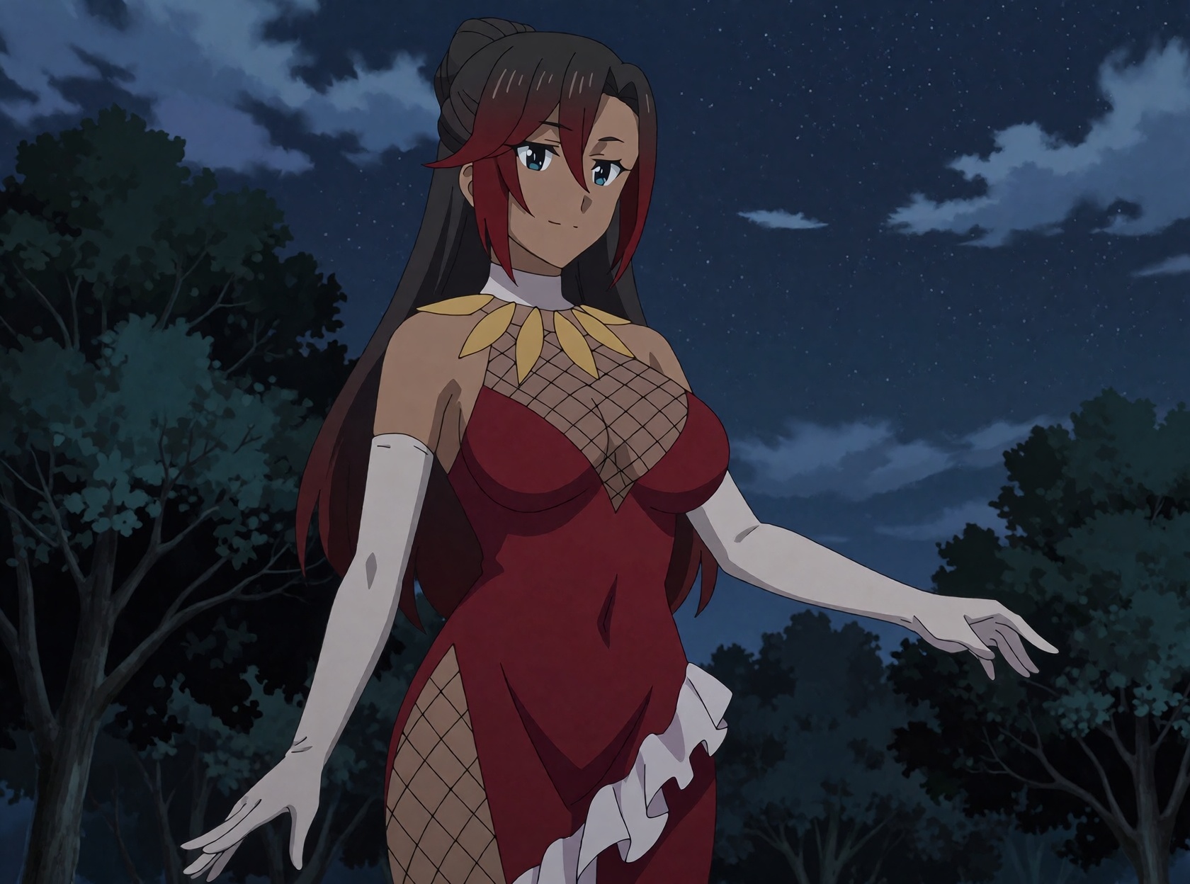 Sylvia from KonoSuba,  an ***** woman,  stands outdoors at night in a red evening dress on Tensor.Art