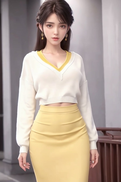 1 girl,Black hair,(White sweater:1.4),(Bare shoulder:1.2),Medium breast,Cleavage of breast,(Yellow pencil skirt:1.4),,<lora:efe0b5259240ab24697107bec85cb1333f69d8a795ea946112382384726b5fca:0.51>