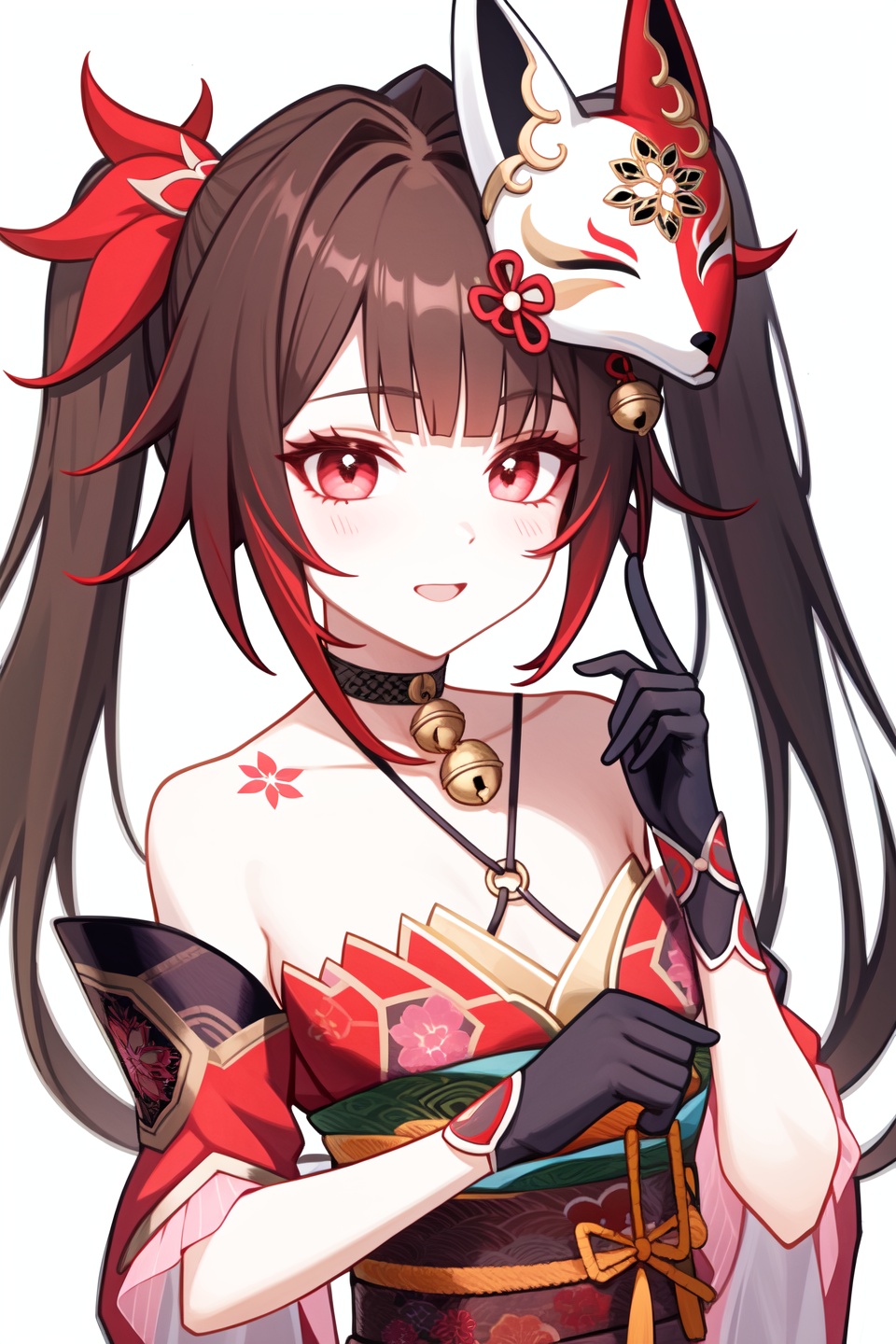 <lora:nai画风:0.8:lbw=paint>,<lora:花火v5:1:lbw=char>,huahuo,twintails,fox mask,red kimono,mask on head,black gloves,detached sleeves,choker,high quality,jingle bell,tattoo,, (masterpiece,best quality,high quality:1.4),absurdres,