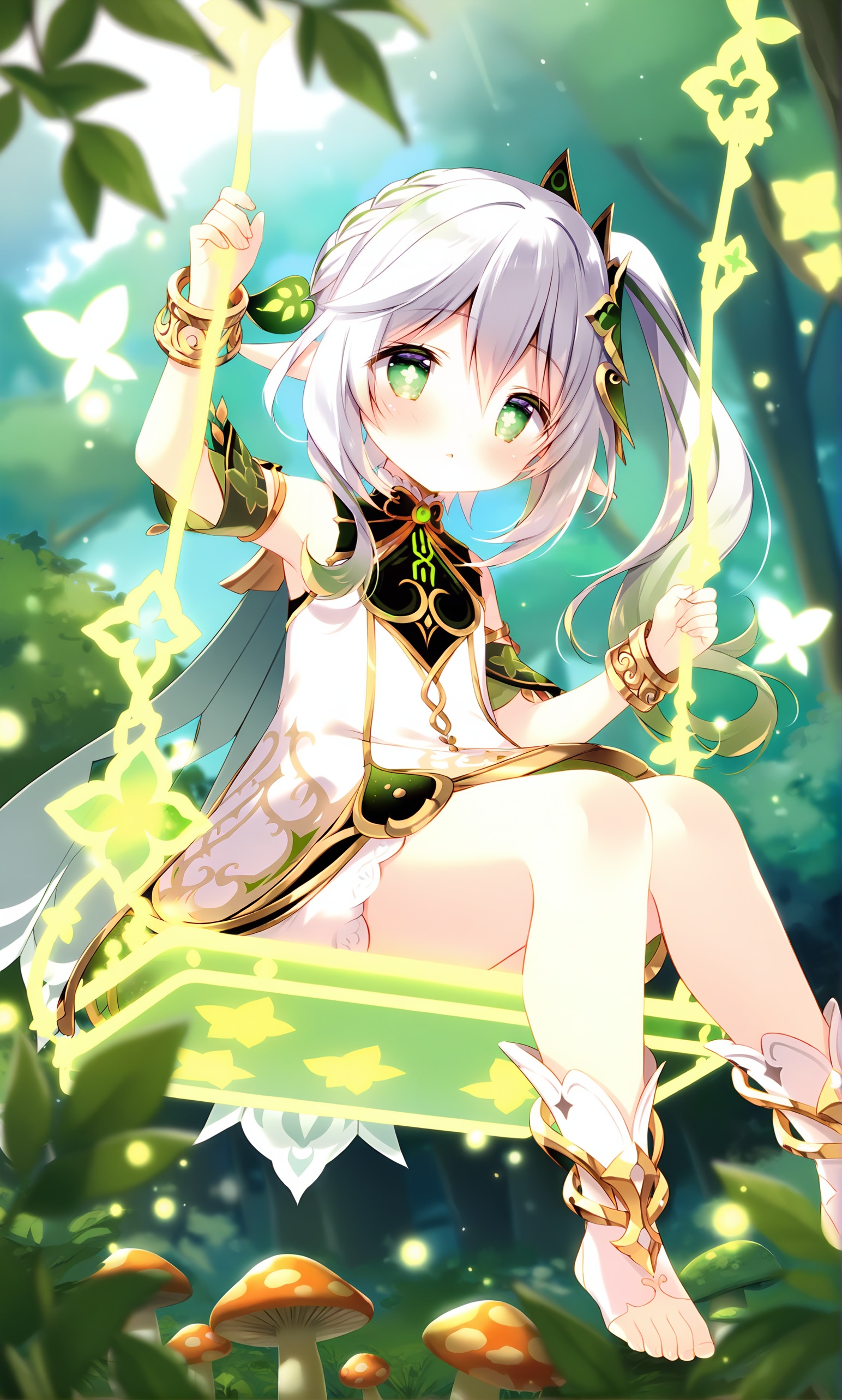 shiratama,1girl,nahida (genshin impact),green eyes,nature,forest,pointy ears,side ponytail,solo,dress,multicolored hair,hair ornament,sitting,blurry,long hair,white hair,tree,bangs,depth of field,white dress,gradient hair,symbol-shaped pupils,detached sleeves,sidelocks,hair between eyes,bracelet,jewelry,cape,outdoors,green hair,parted lips,mushroom,swing,blurry foreground,toeless legwear,stirrup legwear,short sleeves,bug,sleeveless,sleeveless dress,green sleeves,toes,arm up,