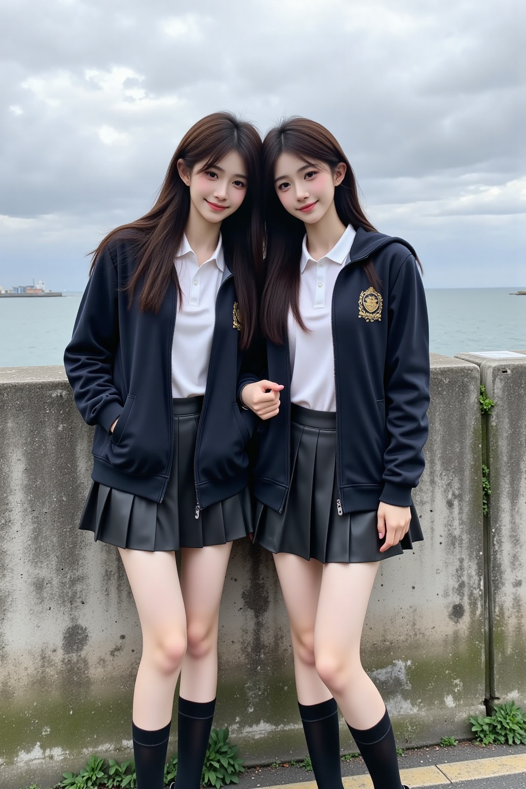 school uniform,beauty,This is a photo of two young Asian women standing side by side by the seaside. These women are wearing the same school uniform,including a black sports jacket with gold accents on the left chest,a white button up shirt,and a black pleated skirt in the middle of the thigh. Both of them were wearing knee length black socks and black shoes. Their hair was straight,hanging over their shoulders,outlining their faces. The woman on the left has fair skin and wears a black watch on her left wrist,while the woman on the right has slightly darker skin and wears a black watch on her right wrist. They stood confidently,with the woman on the left leaning slightly against the wall,while the other was straighter. The concrete wall is slightly worn,with green moss patches near the bottom,and the ground is gray asphalt pavement. The sky is gloomy,indicating a cloudy day. The overall atmosphere is casual and fashionable,reflecting the integration of youth and school life.,