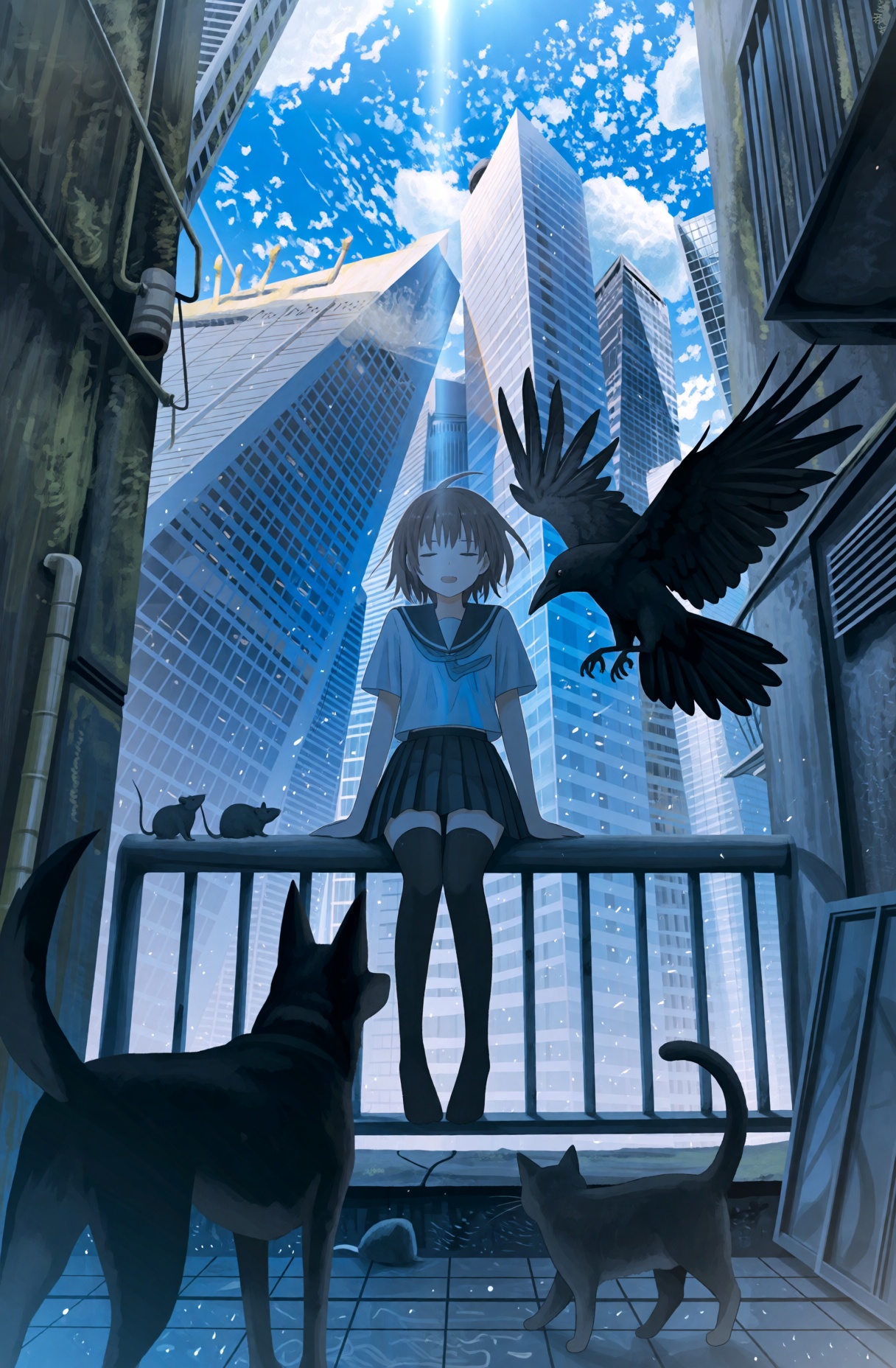 A young girl with short light brown bobbed hair and closed eyes sits perched atop a gray metal railing in the center of th...