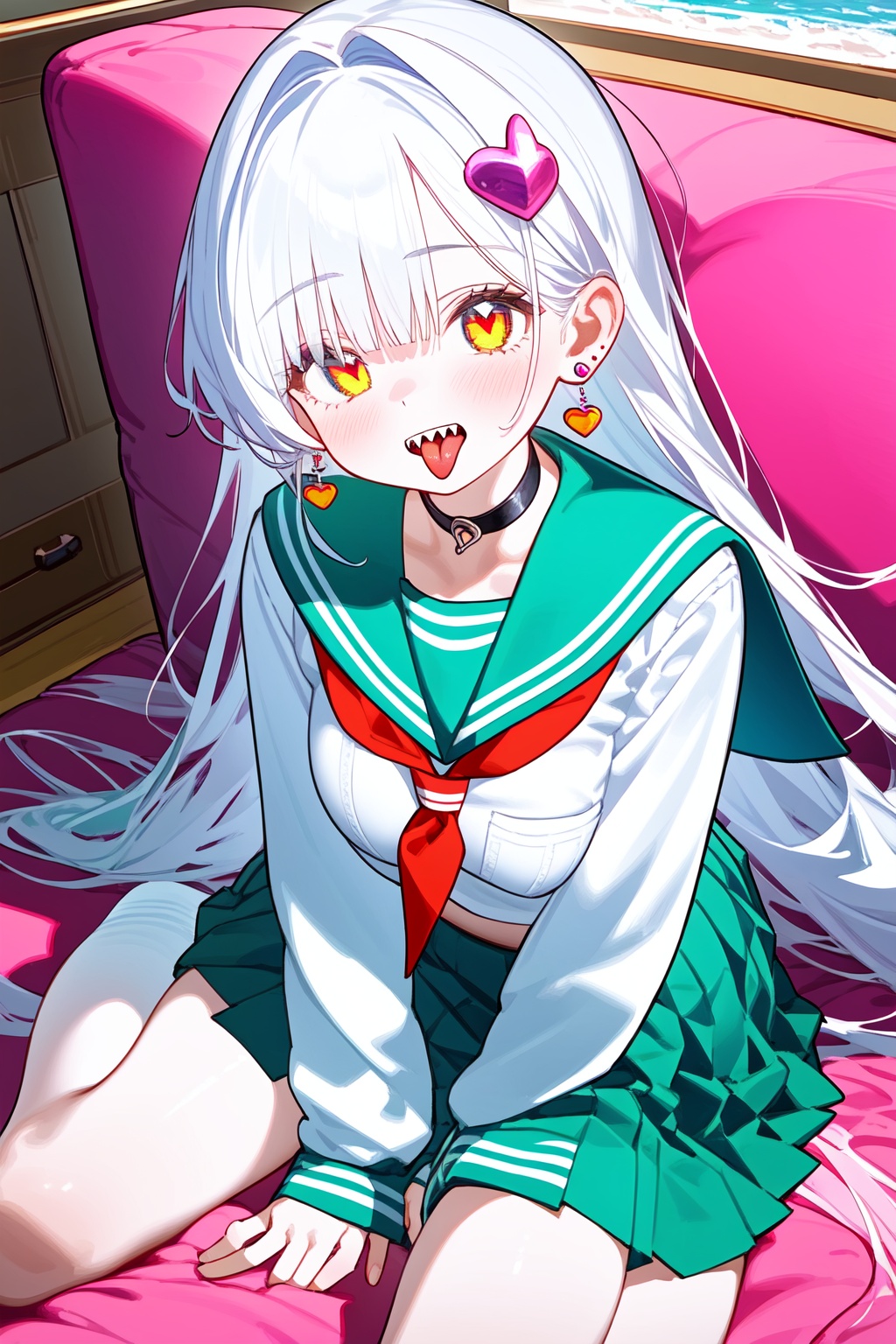 1girl,solo,long hair,looking at viewer,open mouth,bangs,hair ornament,long sleeves,jewelry,pink hair,white hair,heart,multicolored hair,earrings,teeth,choker,tongue,tongue out,collar,streaked hair,fangs,sharp teeth,multicolored eyes,creature,colorful,colored tongue,red tongue,1girl,solo,breasts,blush,skirt,shirt,hair ornament,long sleeves,sitting,school uniform,white shirt,pleated skirt,serafuku,sailor collar,neckerchief,green skirt,between legs,hand between legs,can,black neckerchief,green sailor collar,cube hair ornament,gotou hitori,