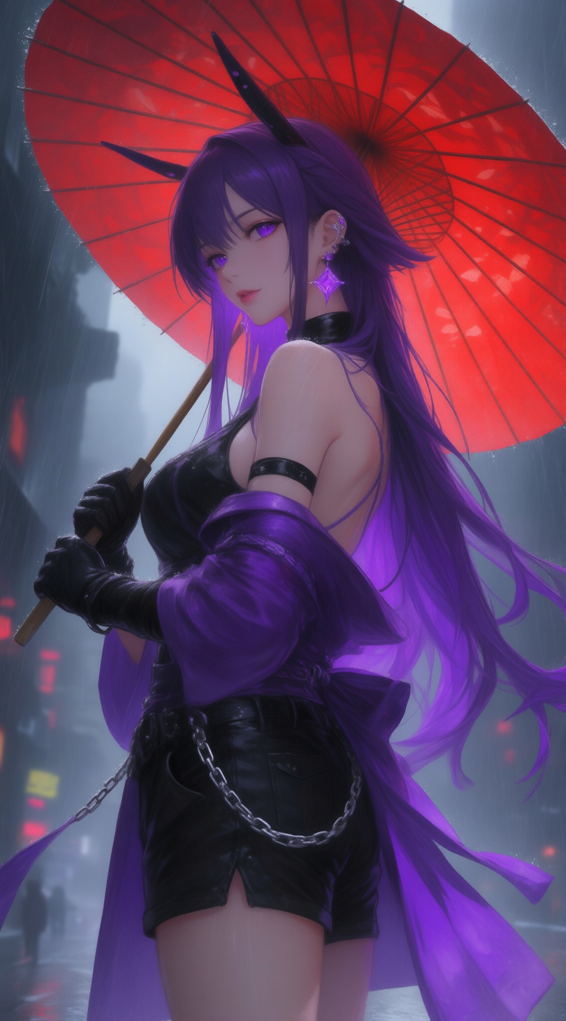 This is a digital illustration,, (gawako:1.1),(toi8:1.3),(yonchan:0.8),(luicent :0.9),(masaki (ekakiningen):0.8),(hxxg:0.8),newest,((solo)),((acheron \(honkai: star rail\))),((alternate costume)),((purple japanese clothes)),1girl,bare shoulders,black belt,black gloves,black shorts,chain,chain around arm,(cowboy shot),earrings,((from side)),gloves,hair ornament,holding,holding umbrella,jewelry,long hair,looking at viewer,(((red oil-paper umbrella))),parted lips,purple eyes,purple hair,(scene reference),shorts,(shoulder blades),sidelocks,solo,standing,umbrella,very long hair,white coat,looking back,((black theme)),((rain)),city,fog,night,, masterpiece,best quality,amazing quality,very aesthetic,absurdres,((from_above)),foreshortening,, (artist:quasarcake:0.6),extreme aesthetic,(wlop:0.9),masterpiece,best quality,good quality,newest,year 2024,year 2023,very aesthetic,absurdres,Visual impact,A shot with tension,, ultra-high resolution,32K UHD,sharp focus,best-quality,masterpiece,Emotionalization,unconventional supreme masterpiece,masterful details,temperate atmosphere,with a high-end texture,in the style of fashion photography,, (Visual impact:1.2),giving the poster a dynamic and visually striking appearance,impactful picture,offcial art,colorful,splash of color,movie perspective,, Negative prompt: ng_deepnegative_v1_75t,(badhandv4:1.2),EasyNegative,(worst quality:2),,nsfw, Steps: 30, Sampler: Euler, CFG scale: 4.0, Seed: 1125360422, Size: 1142x2048, Model hash: 98763a1277, Model: Qwen-Image_1.0.safetensors, Denoising strength: 0, RNG: CPU, Lora 1: ZOZ_情绪插画04, Lora Hash 1: e826ccab9b, Lora Weight 1: 0.8, vae_name: automatic