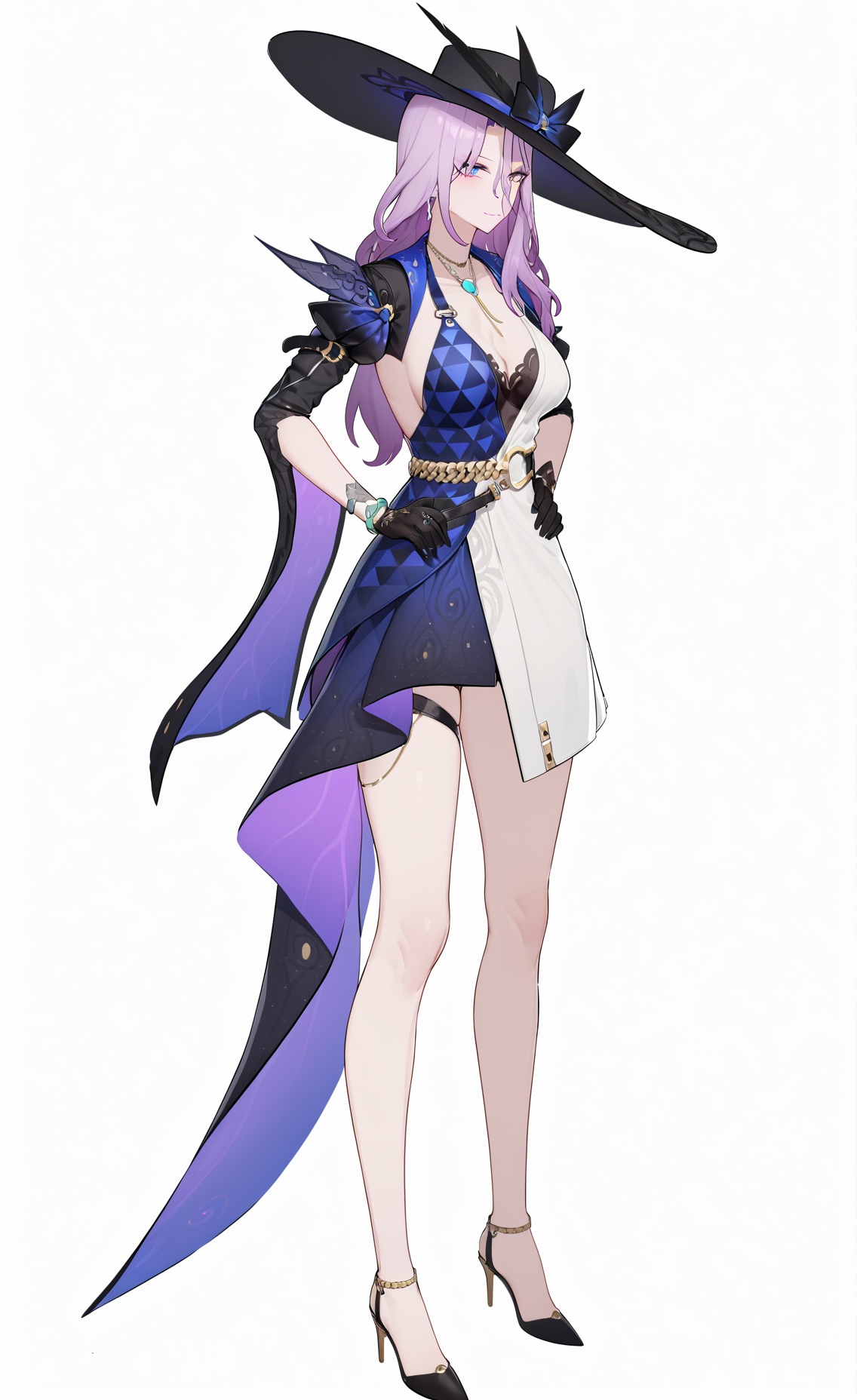 8k, best quality, masterpiece, (ultra-detailed), (high detailed skin), (white background:1.5), (full body:1.2), (white background), standing, looking at viewer, (solo), hands on hips, <lora:feicui-A3-Tanger-000013:0.8>, feicui, feicui's def clothes, 1girl, gloves, hat, black gloves, long hair, dress, purple hair, jewelry, black headwear, breasts, bracelet, single glove, tall, long legs, (beautiful_face), ((intricate_detail)), clear face, ((finely_detailed)), fine_fabric_emphasis, ((glossy)), full_shot, 