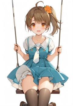 (best quality), ((masterpiece)), (highres), illustration, original, extremely detailed, <lora:ACG ART_Vl:0.7>solo, swing, 1girl, hair ornament, dress, smile, blue dress, blush, thighhighs, looking at viewer, shoes, underwear, open mouth, side ponytail, short sleeves, white background, collarbone, puffy sleeves, necktie, bangs, brown hair, white necktie, :d, puffy short sleeves, hairclip, flower, x hair ornament, orange eyes, brown footwear, loafers, simple background, hair flower, ahoge, black thighhighs