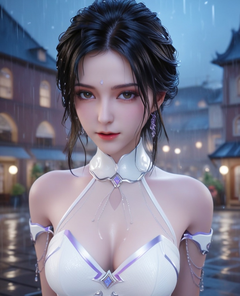 <lora:613-DA-XL-神印王座-白玥:0.8>(,1girl, ,best quality, ),looking at viewer,masterpiece, (( , )),,ultra realistic 8k cg, ,      ,building, bare_shoulders,cleavage cutout, eyelashes,magic,hydrokinesis,sweat, wet, rain, ,       (cleavage), (),