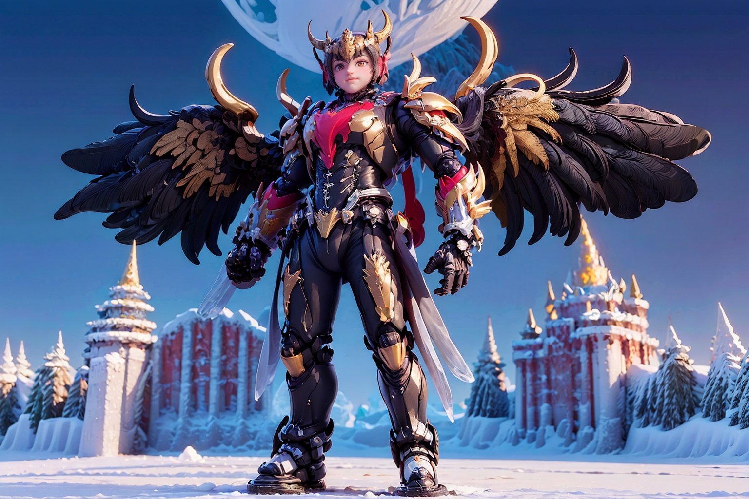 masterpiece,best quality,(1boy:1.7),(super huge feather wings:1.4),black hair,sky,(man mecha warrior,mighty and domineering,all body cool mecha,black and gold color scheme,red armor:1.4),(Standing outside the huge gates of the Ice Castle:1.3),look at viewer,outdoor,(full body:1.5),(full moon:1.4),(ice castle:1.5),(snow:1.3),(chibi:1.5),<lora:ASuo_v1:1>,