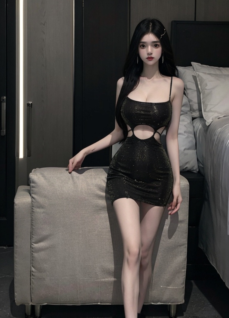(masterpiece, best quality:1.4),finely detailed,1girl,solo,pale skin,perfect body,standing,<lora:性感黑色镂空吊带连衣裙-000008:0.8>,black dress,dress,