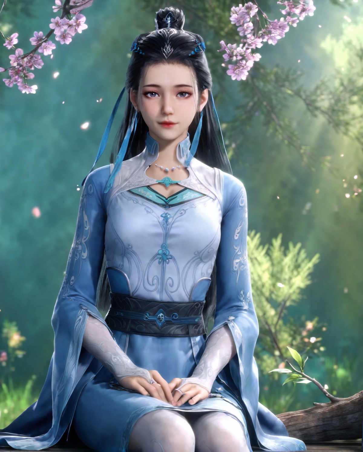 <lora:SF_WanJiangYu_Pony_Realism-000003:0.7>,1girl,solo,flower,dress,earrings,detached sleeves,hair ornament,jewelry,sitting,looking at viewer,branch,black hair,long hair,hair bun,blue dress,